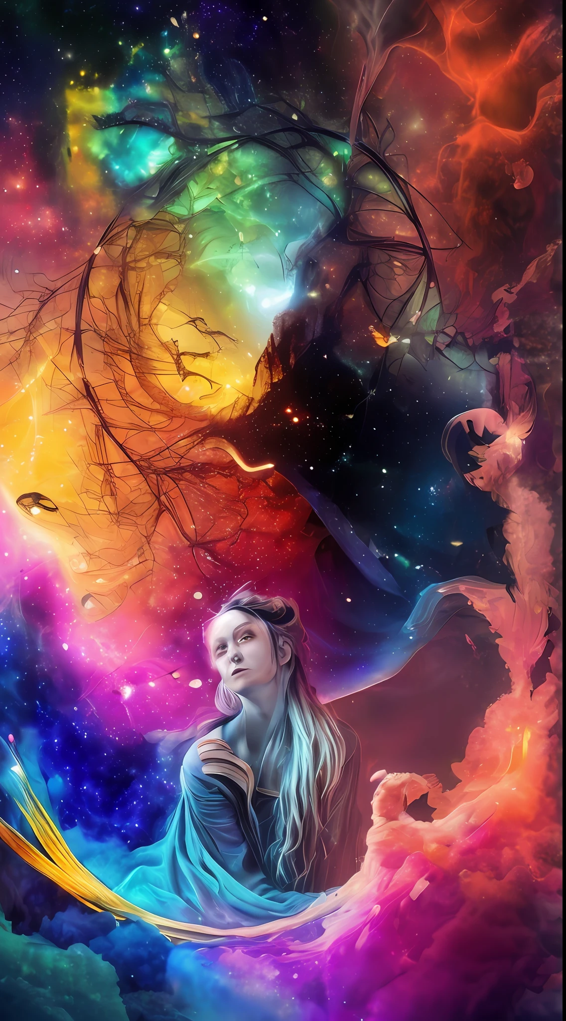 Incredible and spectacular scene, a "((high quality)), (detailed)), ((fantasy)), illustration, perspective (45 degree tilt angle), theme (enchanted forest style), scene elements (handsome boy, beautiful girl), picture quality (3D rendering effect), exquisite details, beautiful lights "emerge from glowing clouds, fractal nebula lines, cosmic entities, celestial bodies, universes, vibrant and vivid, swirling, rotating, impractical, high contrast, co-metabolic, magical, mysterious, mysterious, surreal, Oversaturated, colorful