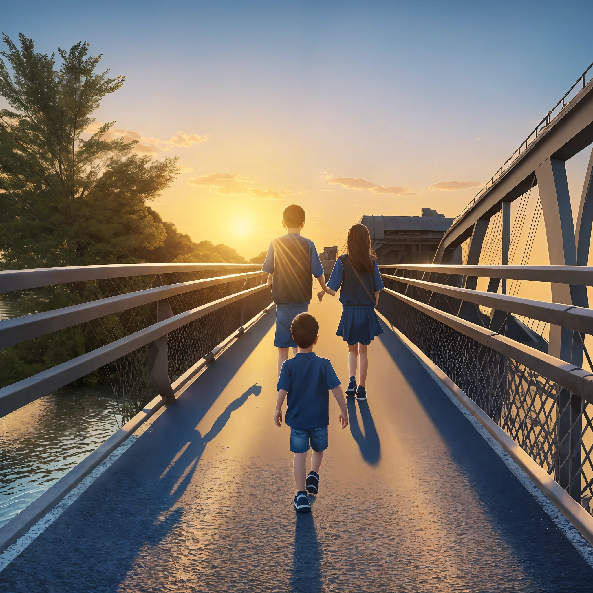 8k, ultra realistic, highly detailed, masterpiece,top quality, high resolution,1 boy and girl walking ,in a bridge, vehicles passes,sun set time,some water on road , realistic shadows in water of surrounding --auto --s2