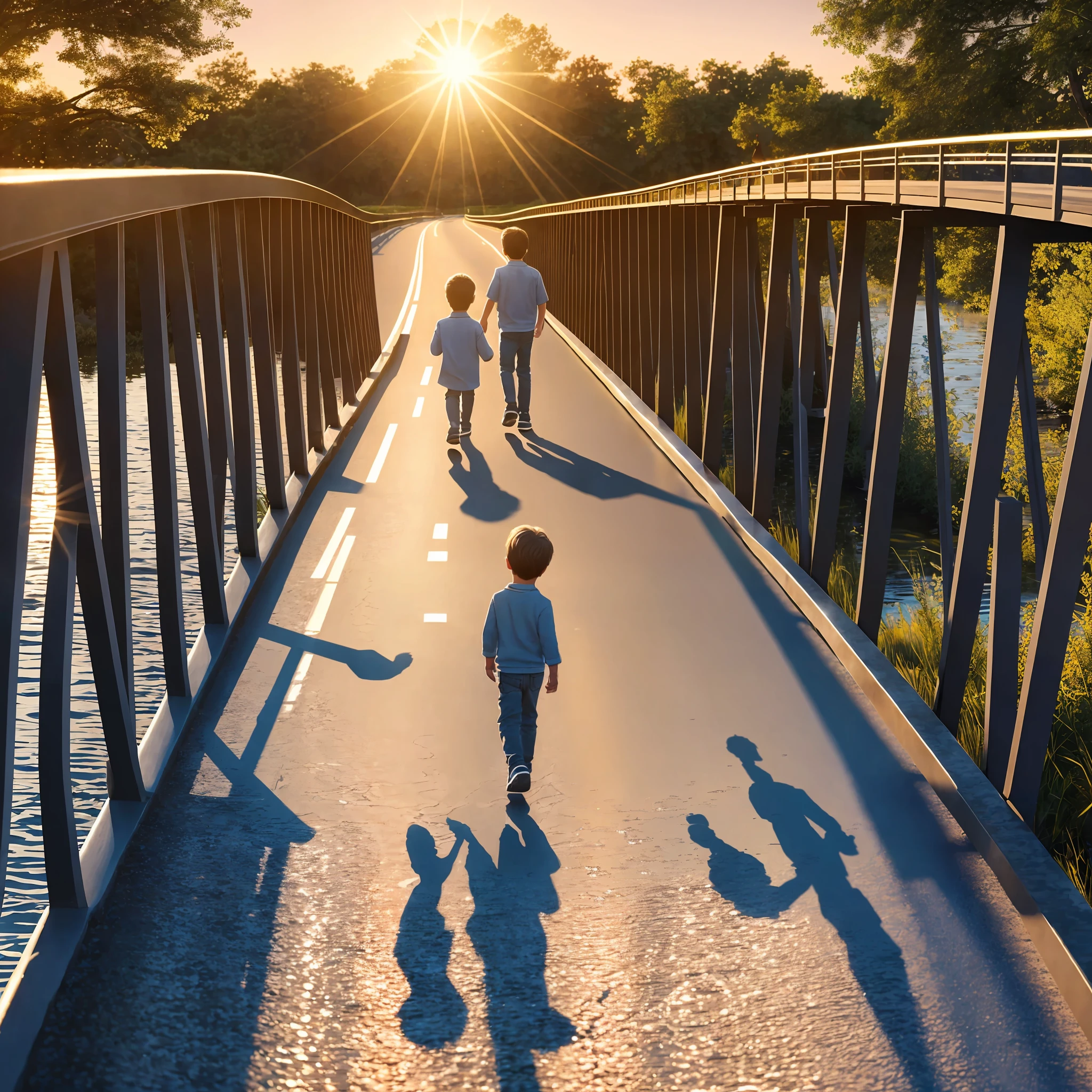 8k, ultra realistic, highly detailed, masterpiece,top quality, high resolution,1 boy and girl walking ,in a bridge, vehicles passes,sun set time,some water on road , realistic shadows in water of surrounding --auto --s2