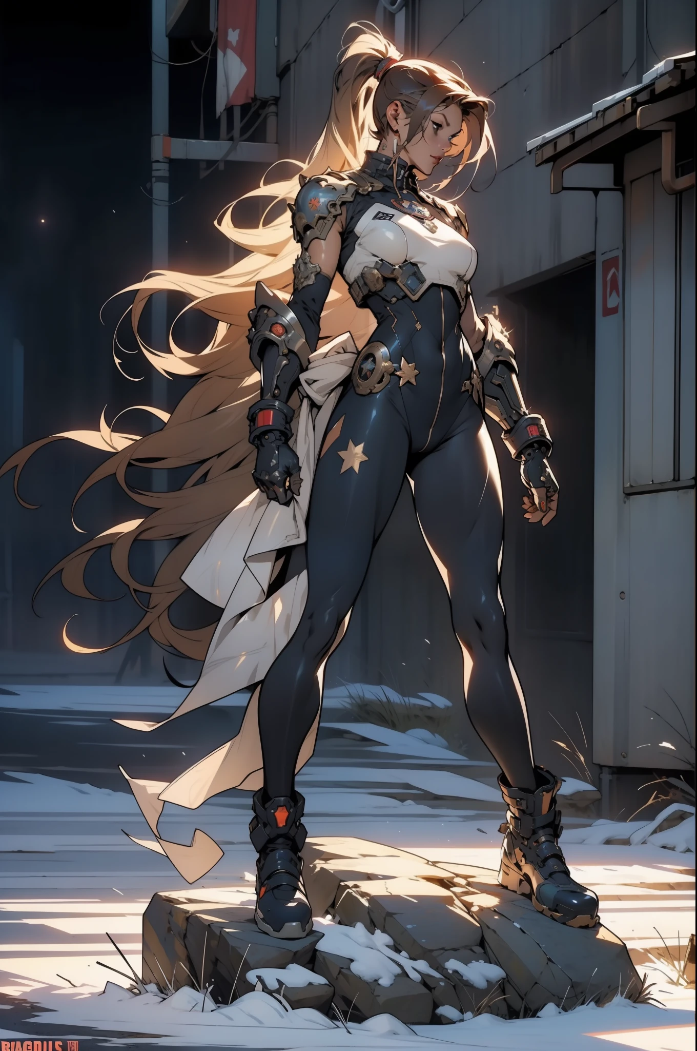 (((woman))), (((best quality))), (((masterpiece))), ((((adult))), (((full body)))), A 35-year-old full-body warrior perfectly bodyed, almost naked in Simon Bisley's urban savage style for the cover of Heavy Metal magazine, light brown hair with heavy bangs on her forehead, Minimum clothing, armor (dark blue with white stars), full of ink-stained tips and rivets, 5-pointed star tattoo, ((((full body)))