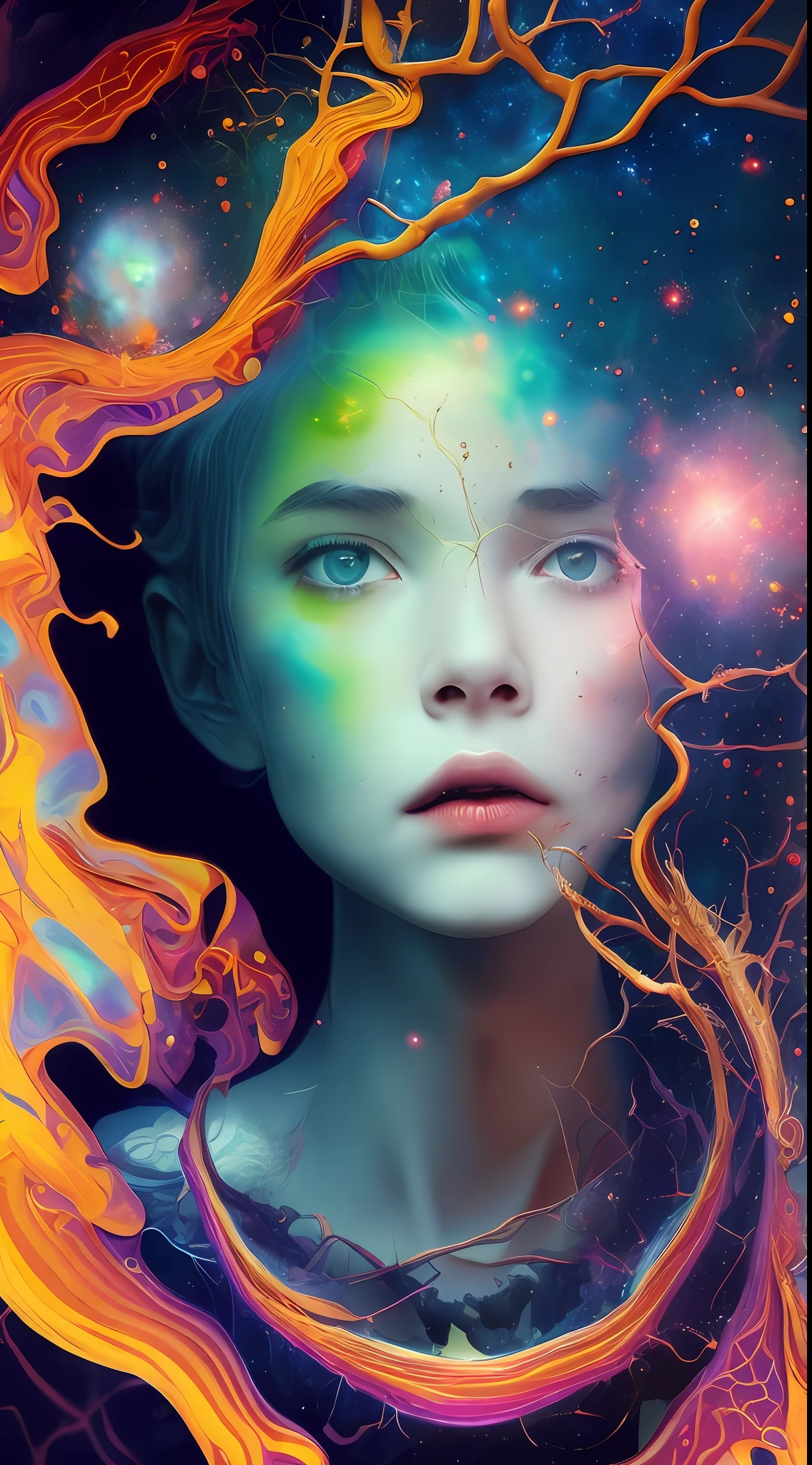 Incredible and spectacular scene, a "((high quality)), (detailed)), ((fantasy)), illustration, perspective (45 degree tilt angle), theme (enchanted forest style), scene elements (handsome boy, beautiful girl), picture quality (3D rendering effect), exquisite details, beautiful lights "emerge from glowing clouds, fractal nebula lines, cosmic entities, celestial bodies, universes, vibrant and vivid, swirling, rotating, impractical, high contrast, co-metabolic, magical, mysterious, mysterious, surreal, Oversaturated, colorful