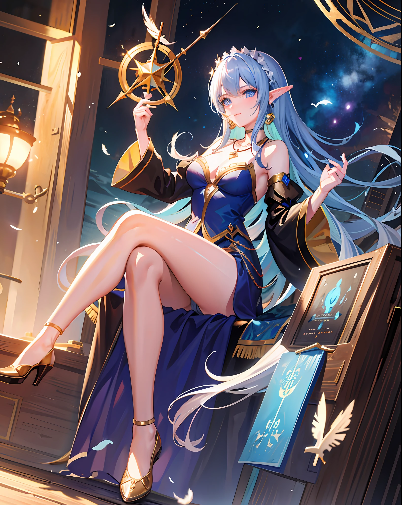 (Masterpiece, Best Quality, Highly Detailed CG, Beautiful Detailed Eyes, Super Detail, Intricate Detail: 1.2), 8k Wallpapers, Elaborate Features, (1girl, Solo: 1.4), Long Hair, Striped Hair, Elf, Hello, Look Viewer, Blue Eyes, Earrings, Panties, Ankle Bracelet, Big, Esoteric, Necklace, Wand, Blue Flame, Feathers, Bird, Magic Surround, Magic Wand, Magic Ball, Book, flying page, magic circle, spell, night, dark
