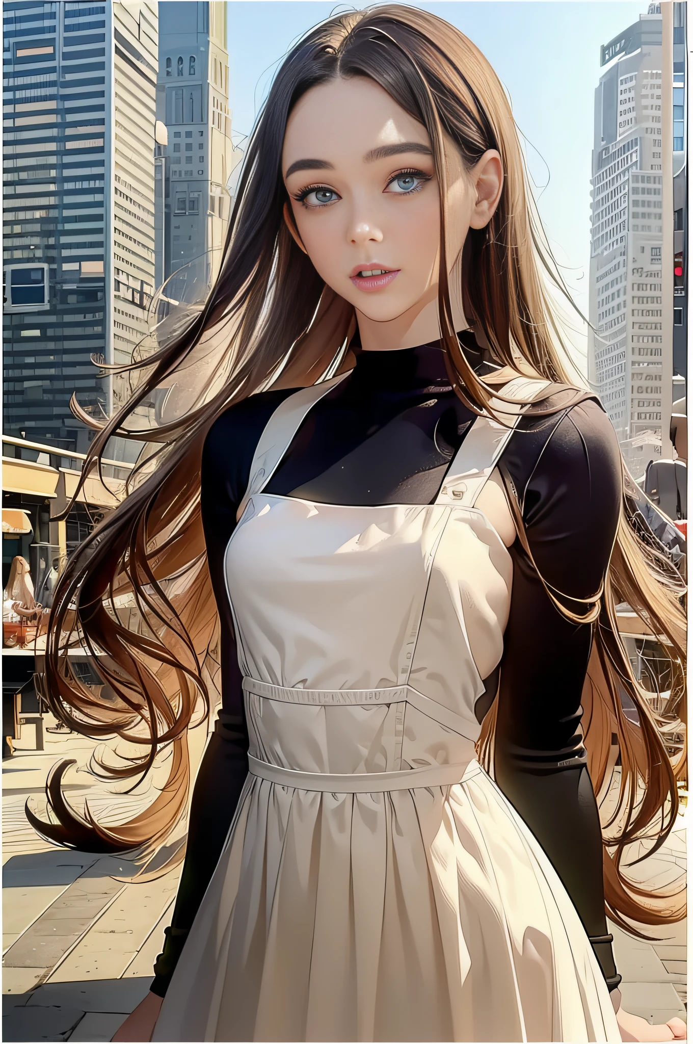 1 Full shot,girl, dasha, portrait photography, beautiful young woman with transparent western tunic dress,long_hair, realistic, eyes visible through hair, proper eye position, natural skin, backlight, cinematic light, rim light, soft light , hips, in night time, city side background, detailed color graded background, intricate , highly detail, octane render,HDR, HD, 8k, by Annie Leibovitz
