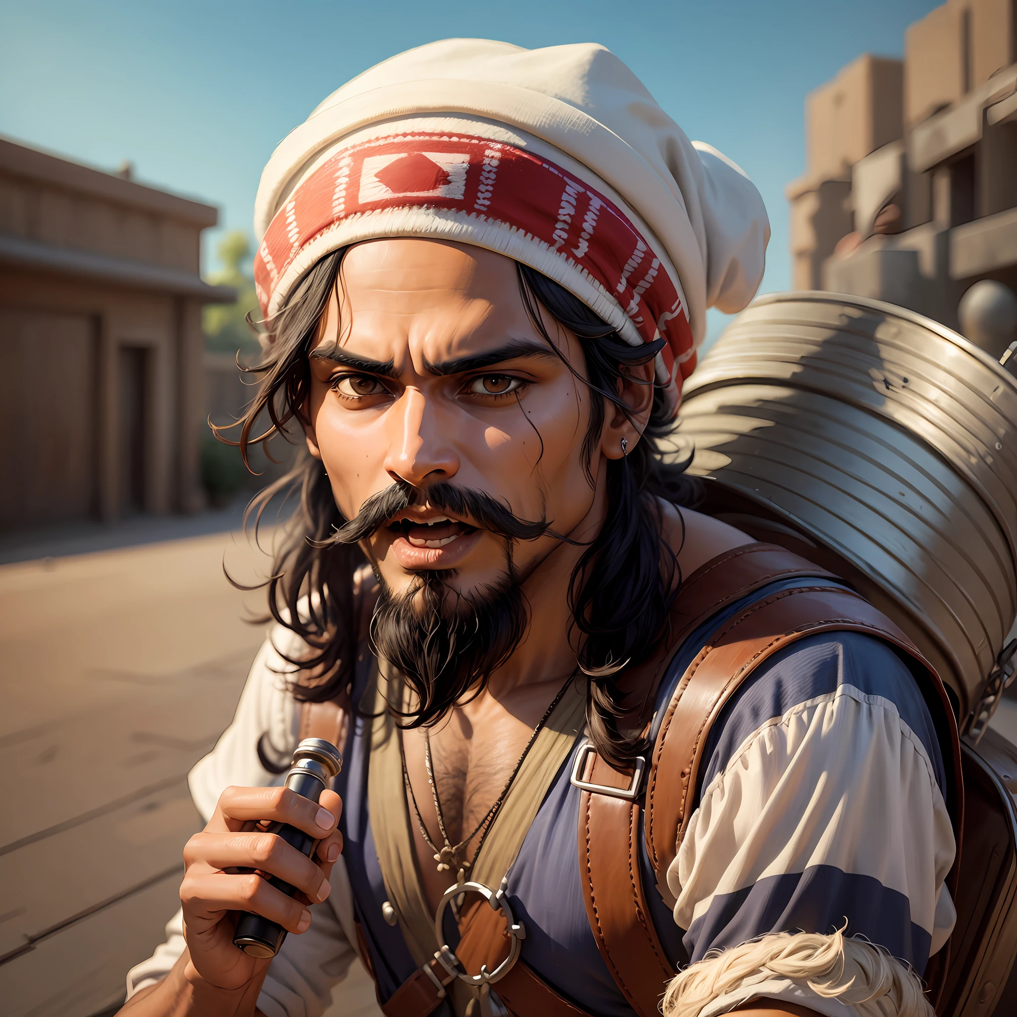 indian guy, wearing bucket cap, enters into virtual nintendo style game, confused, scared, shocked, have facial hair like johnny depp , characters in background confused and staring at this guy --auto --s2