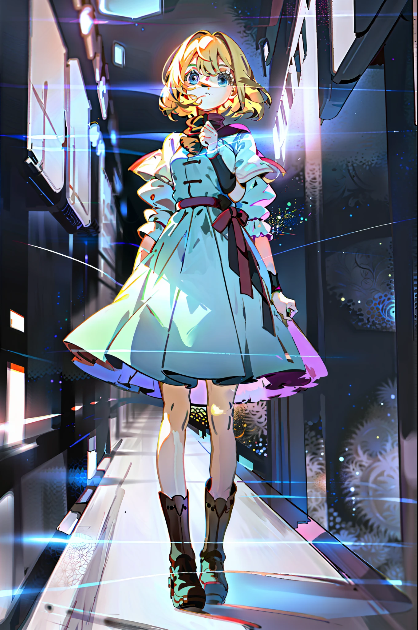 Standing around 150cm tall, there are dolls in white floating around, wearing white sci-fi style dresses, boots, blond hair, and an innocent and cute girl