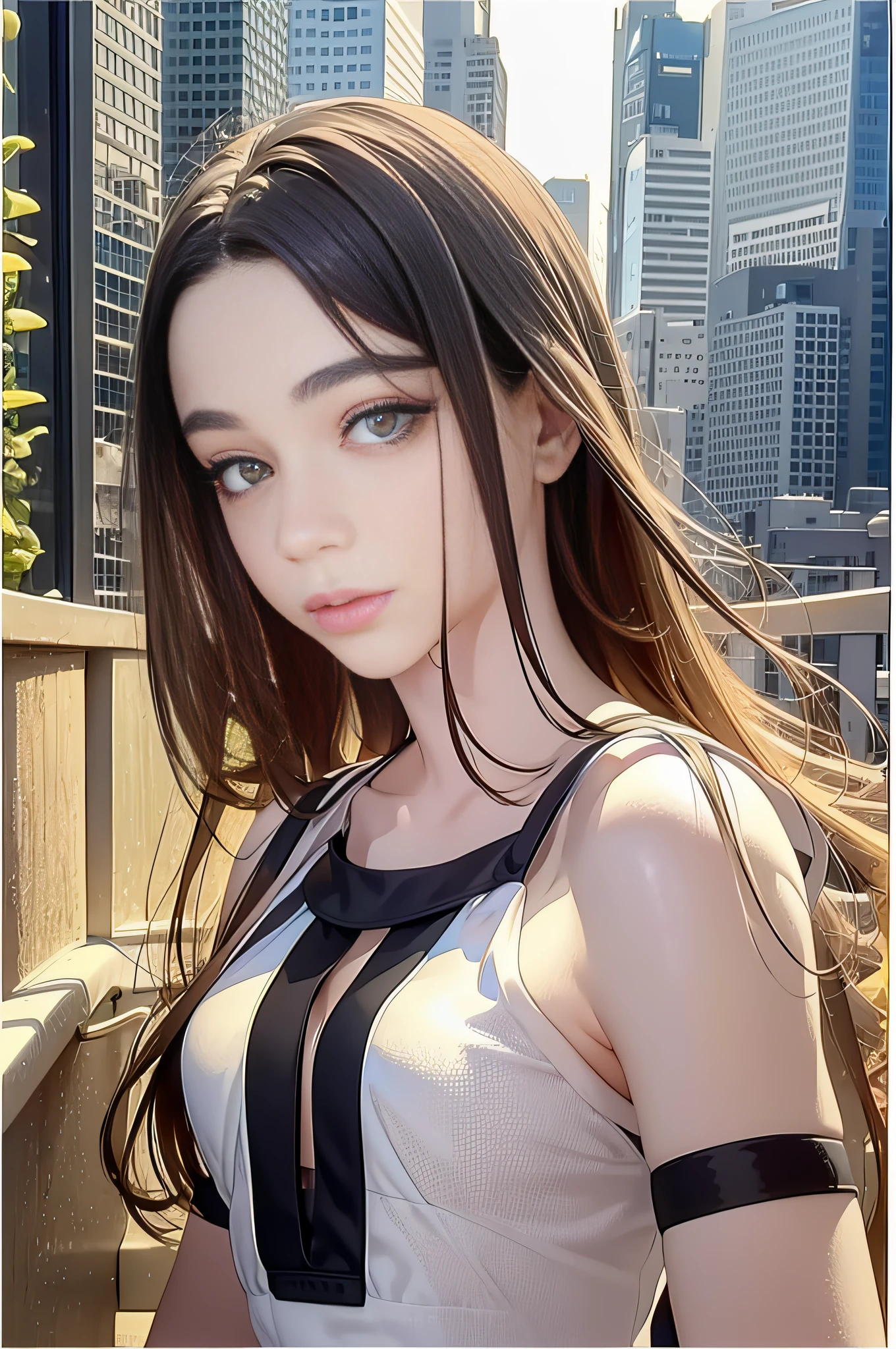 1 Full shot,girl, dasha, portrait photography, beautiful young woman with transparent western tunic dress,long_hair, realistic, eyes visible through hair, proper eye position, natural skin, backlight, cinematic light, rim light, soft light , hips, in night time, city side background, detailed color graded background, intricate , highly detail, octane render,HDR, HD, 8k, by Annie Leibovitz