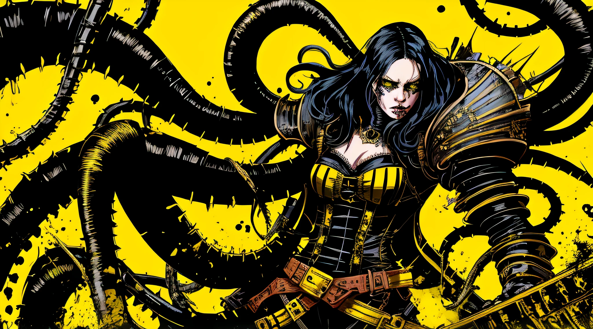 yellow and black, a woman medieval knight with disgusting tentacles, in the style of Mork Borg, strong contrast, grunge dirty punk splash art, black metal zine