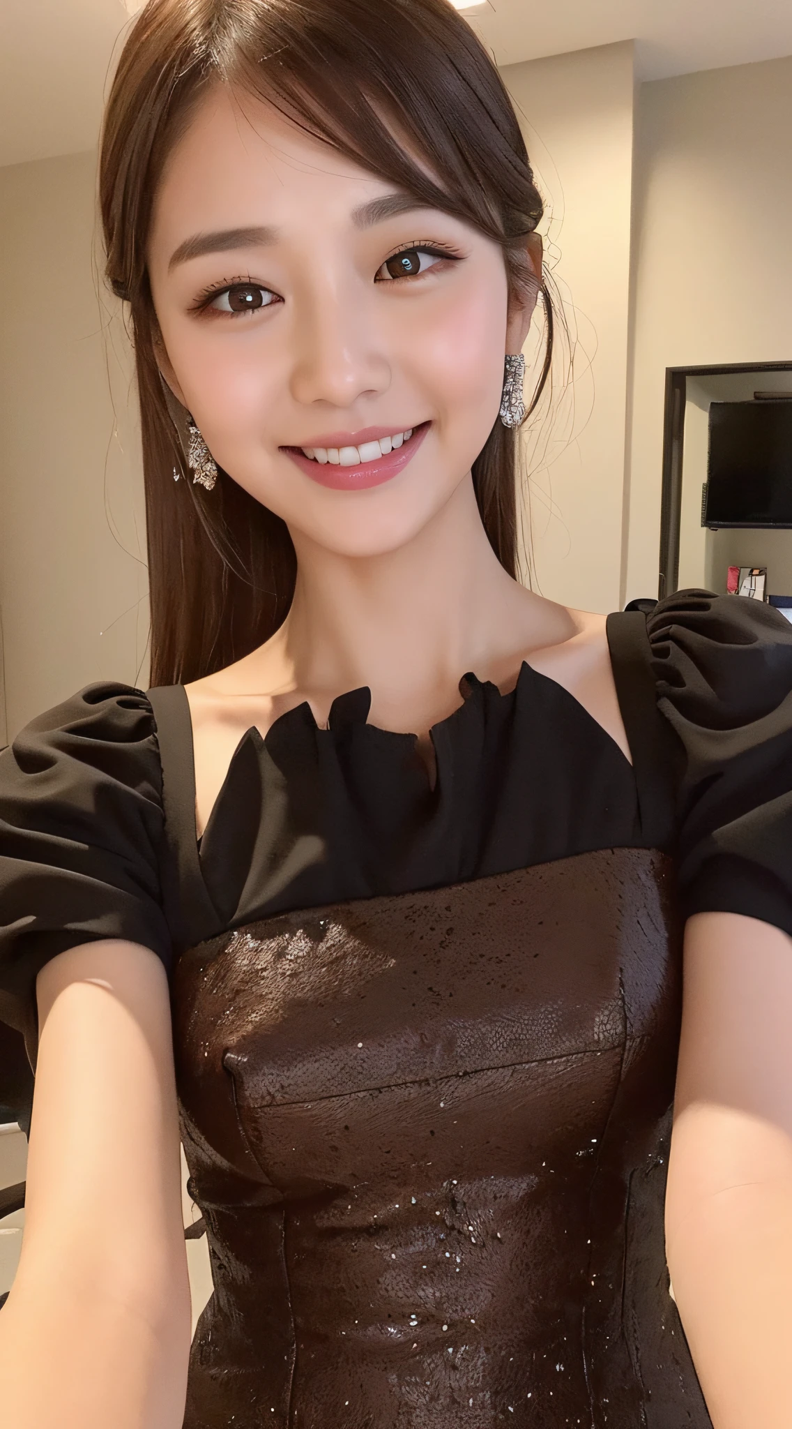 ((Best quality, 8k, Masterpiece :1.3)), 1girl, taking selfie, closeup, smiling, slim face, Pretty woman, (Dark brown hair), full length dress :1.1, Ultra-detailed face, Detailed eyes, Double eyelid, blur background, slim face
