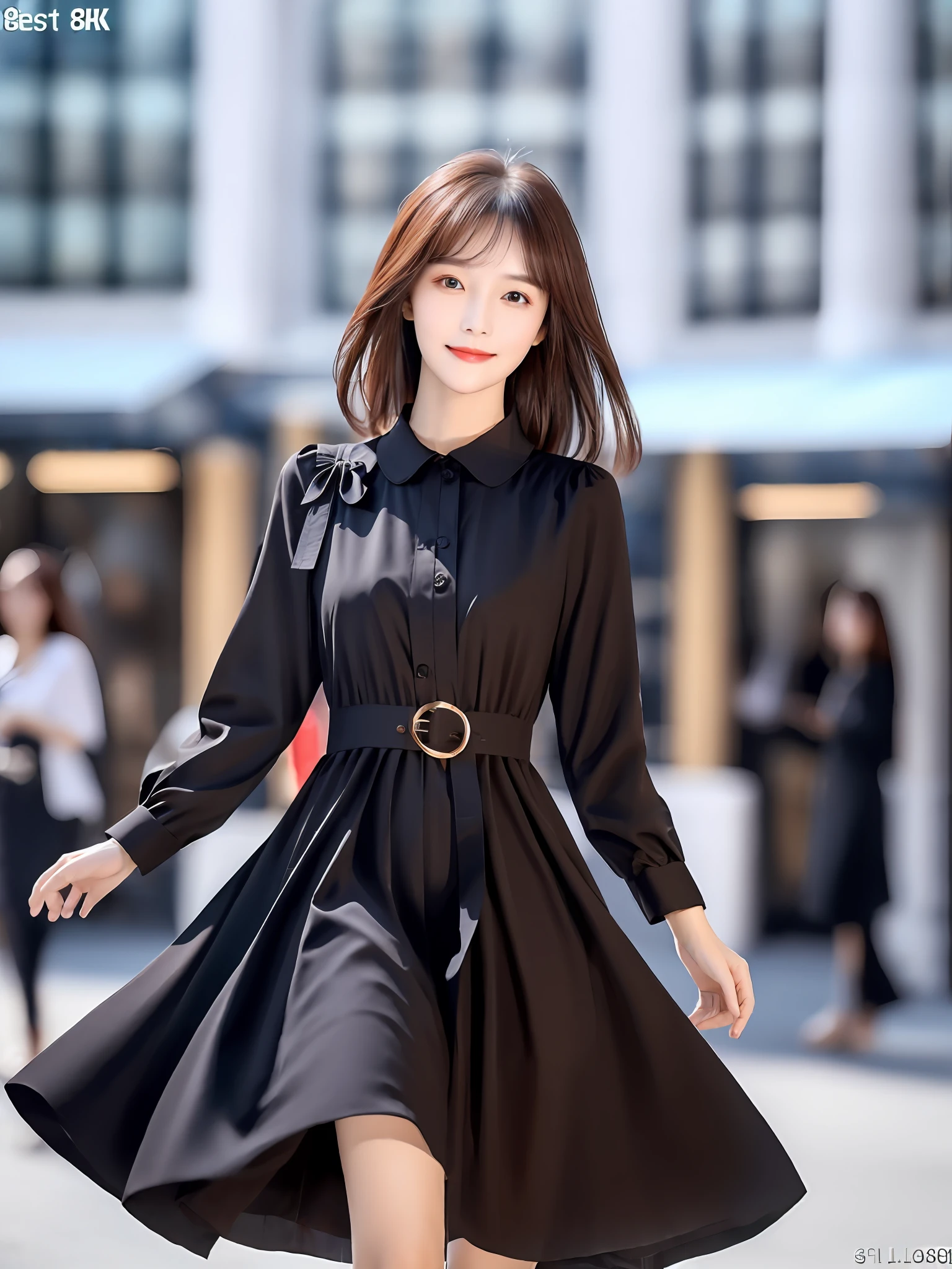 ((Best quality, 8k, Masterpiece :1.3)), 1girl, smiling, full body, slim face, Pretty woman, (Dark brown hair), full length dress :1.1, Ultra-detailed face, Detailed eyes, Double eyelid, blur background, slim face, city, outside, street,