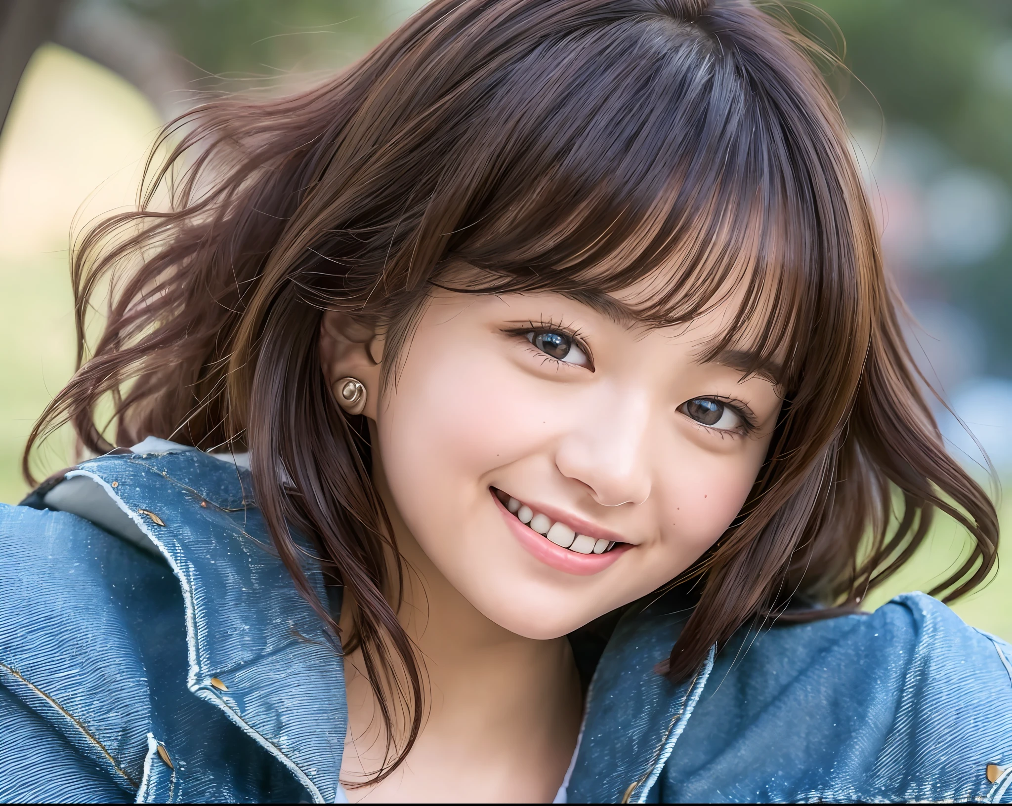 ((top quality, 8k, masterpiece: 1.3)), women (wearing denim jackets, smiling, at_campground:1.3), having a bonfire, women sitting on outdoor chairs, campsites lined with tents in the background, overhead camera, sharp focus: 1.2, cute women: 1.4, (princess cut)), very detailed face and skin and hair texture, brown hair, Slightly wet textured hair, detailed eyes, double eyelids, white skin, beautiful legs, beautiful delicate nose, cute young Japan woman, 28 years old, with dynamic angles, characterized by a calm tone and contrasting mix of light and shadow, while exuding melancholy emotions, while emphasizing the subject's hair, eyes, mouth and action, it is a pleasing and suggestive composition to the eye.