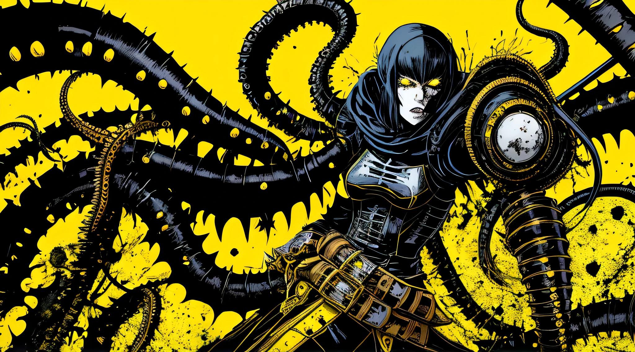yellow and black, a woman medieval knight with disgusting tentacles, in the style of Mork Borg, strong contrast, grunge dirty punk splash art, black metal zine