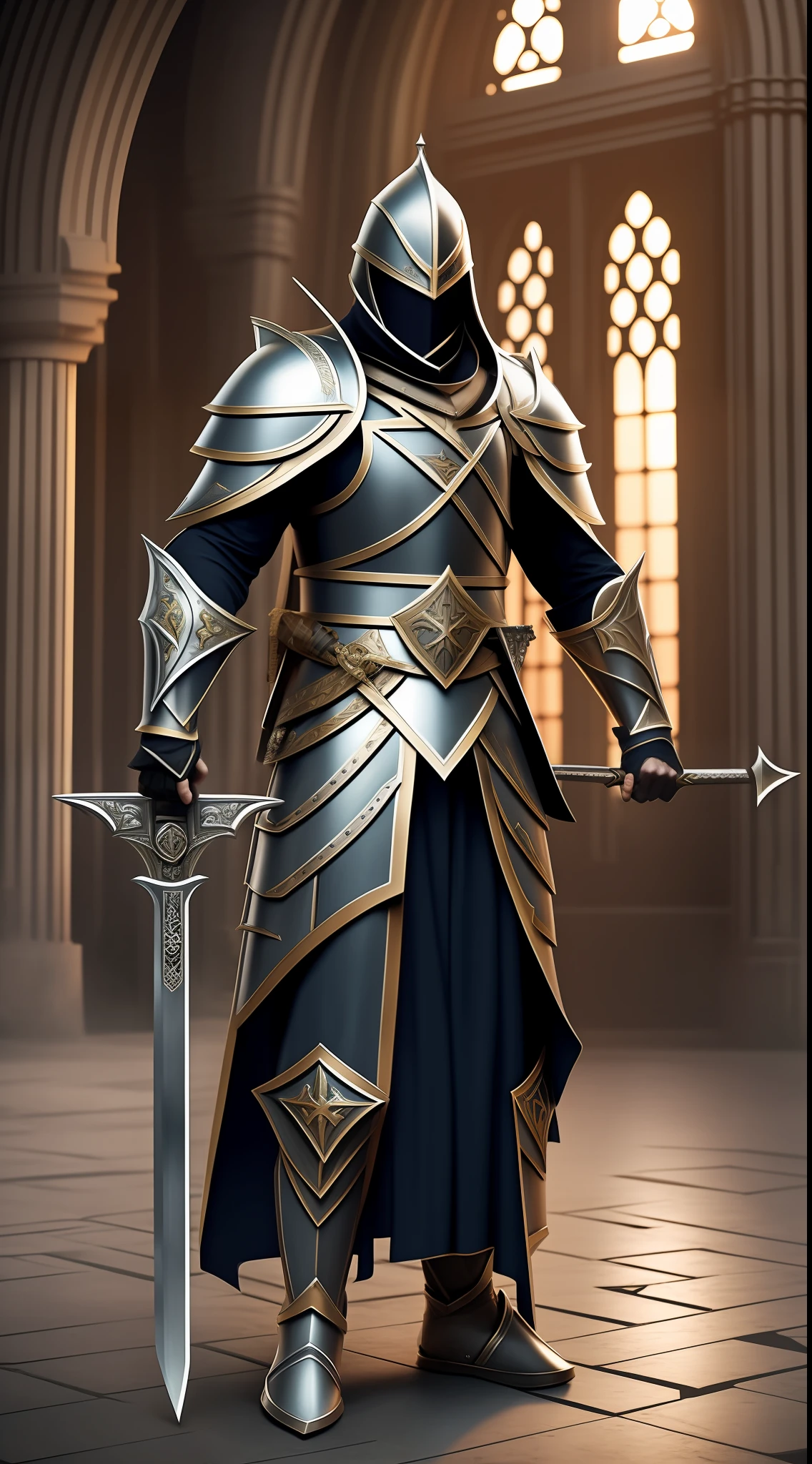 A fearless Knight Templar brandishes his sword on a chaotic battlefield. Dressed in shining armor, he is the symbol of courage and devotion. Sunlight reflects off his armor as he advances mercilessly against his opponents. His facial expression shows an unwavering determination, and his posture reveals skill and dexterity in the art of war. Amid the chaos, the Knight Templar stands out as a true protector of faith and justice. perfectly framed full body image, Surrealism, high detail, Renaissance, cinematic lighting, panorama, sideways, 8k, award winning, best quality, high details, anatomically correct, UHD, masterpiece, retina