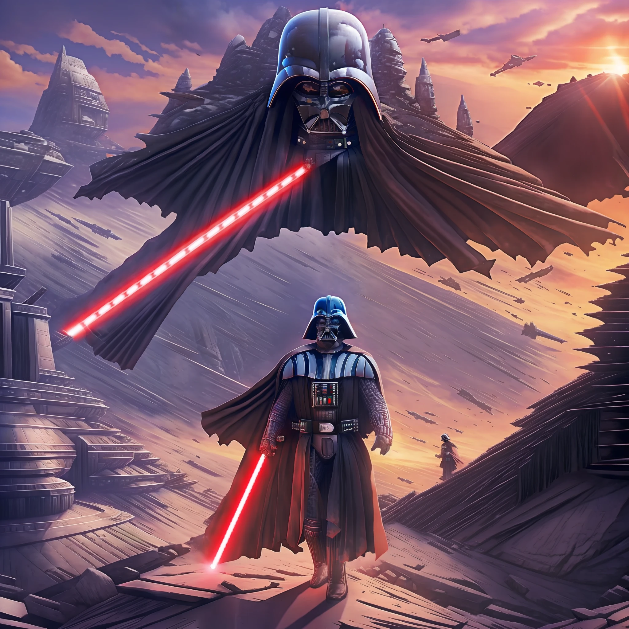 (Darth Vader), walking towards the sun, high on a mountain, ancient Jedi temple destroyed in the background, incredible and dramatic light effects, with the feeling that anything can happen!