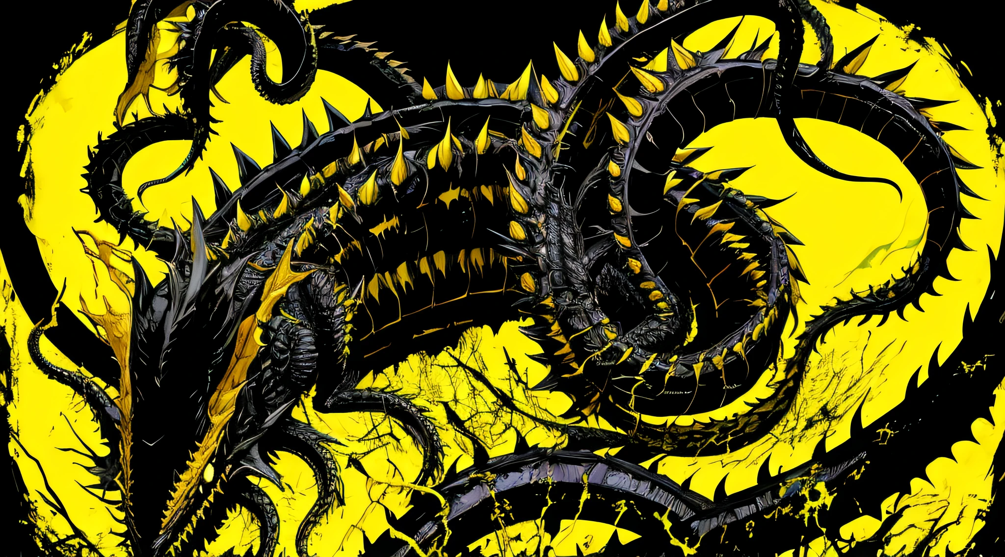 yellow and black, a deformed dark dragon with disgusting tentacles, in the style of Mork Borg, strong contrast, grunge dirty punk splash art, black metal zine