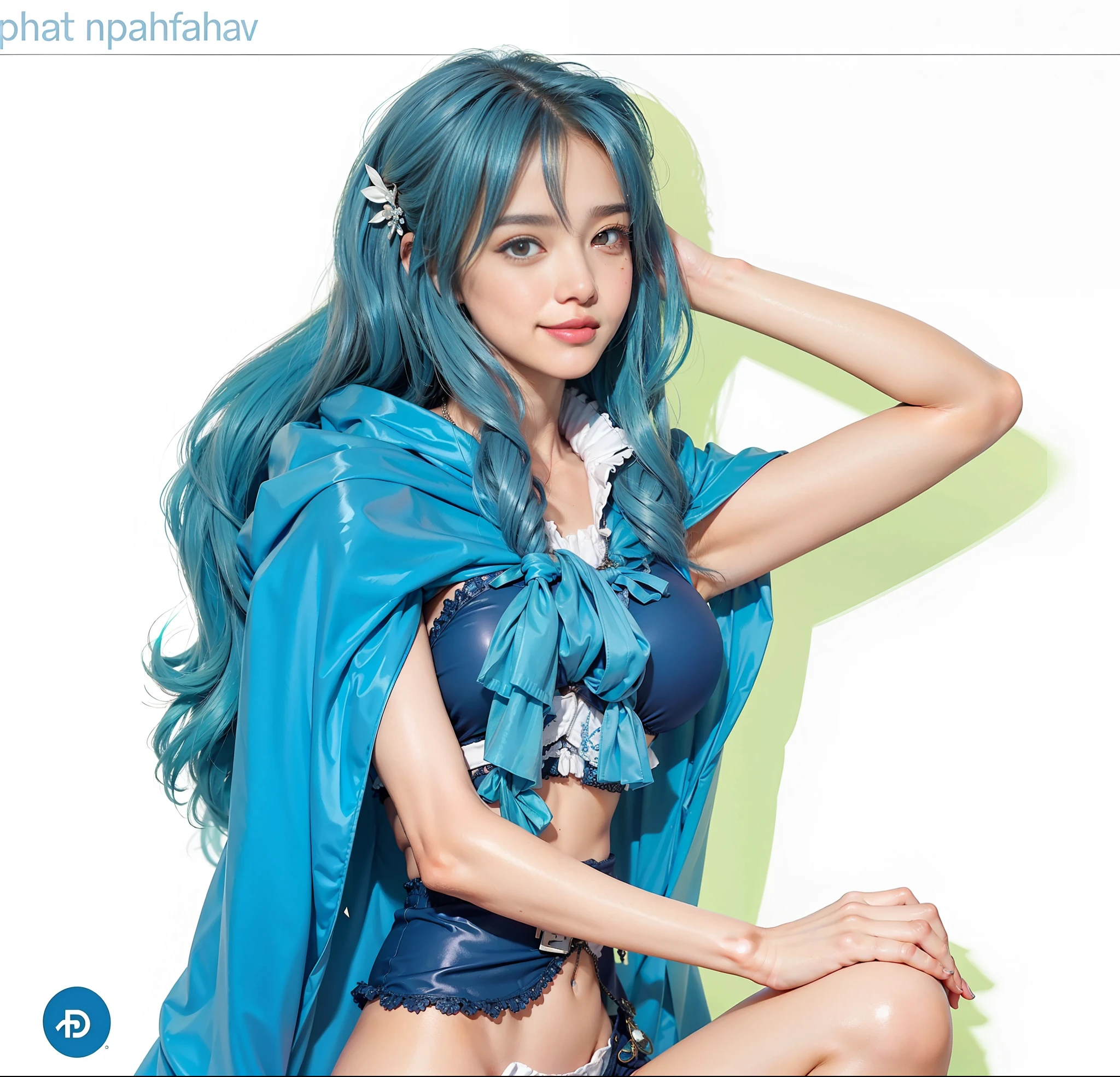 (female:1.2) (bodybuilder:0.8), hyper realistic, masterpiece, photorealistic, real skin, detailed face, detailed skin, detailed lighting, 1girl, (brown eyes), long hair, (blue hair) , large breasts, midriff, navel, frills, smile, thigh, amazing pose, green shadow
