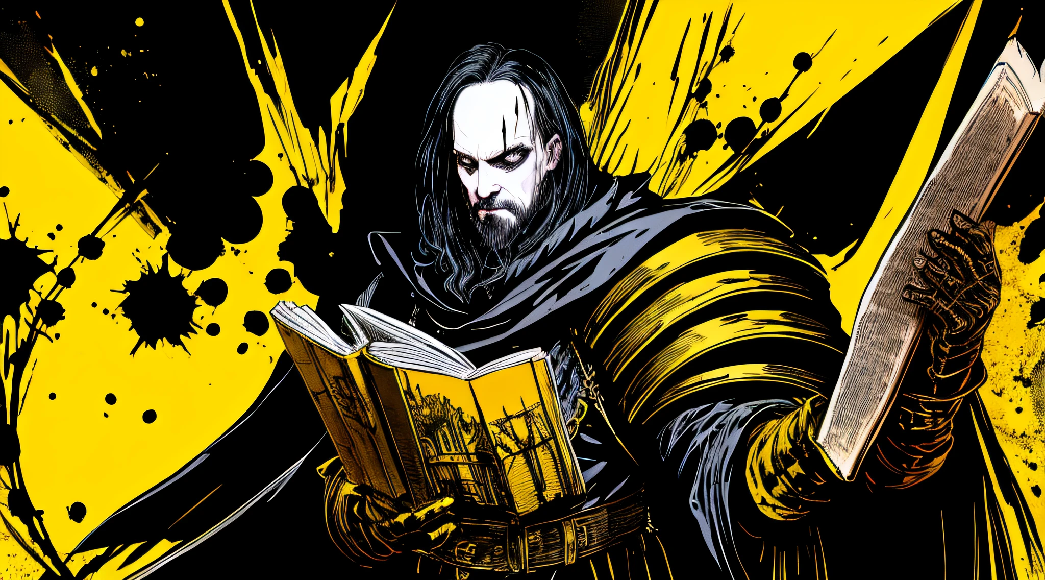 yellow and black, a medieval dark sorcerer with a book, in the style of Mork Borg, strong contrast, grunge dirty punk splash art, black metal zine