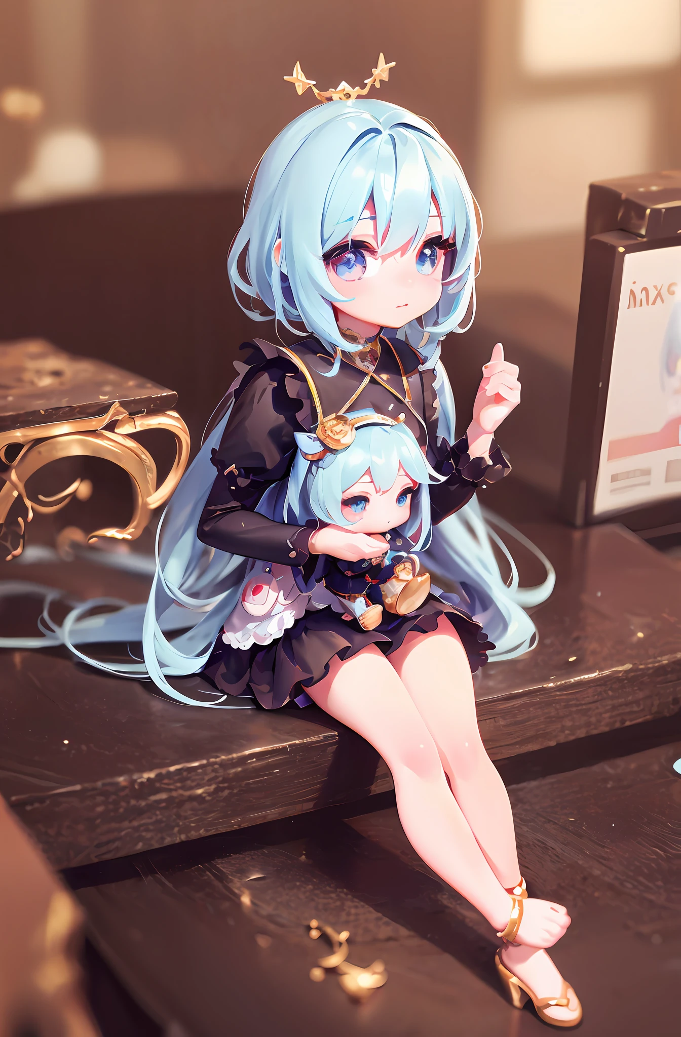 Doll sitting on table, 8K high quality detail art, one anime angel, style as Nendoroid, stylized anime, anime style 4K, cute detailed digital art, Guweiz style artwork, 8K octar rendering photos, advanced digital chibi art, cute 3d rendering, anime style. 8k