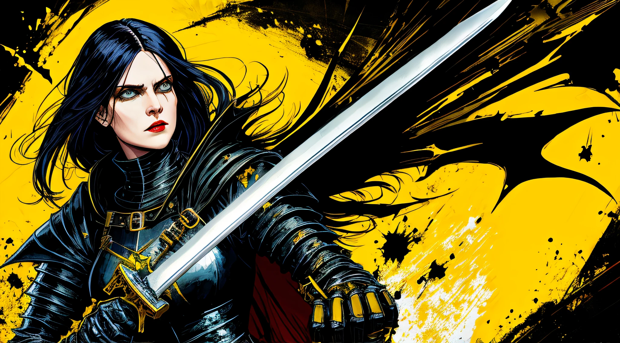 yellow and black, a medieval woman dark knight with a large sword, in the style of Mork Borg, strong contrast, grunge dirty punk splash art, black metal zine