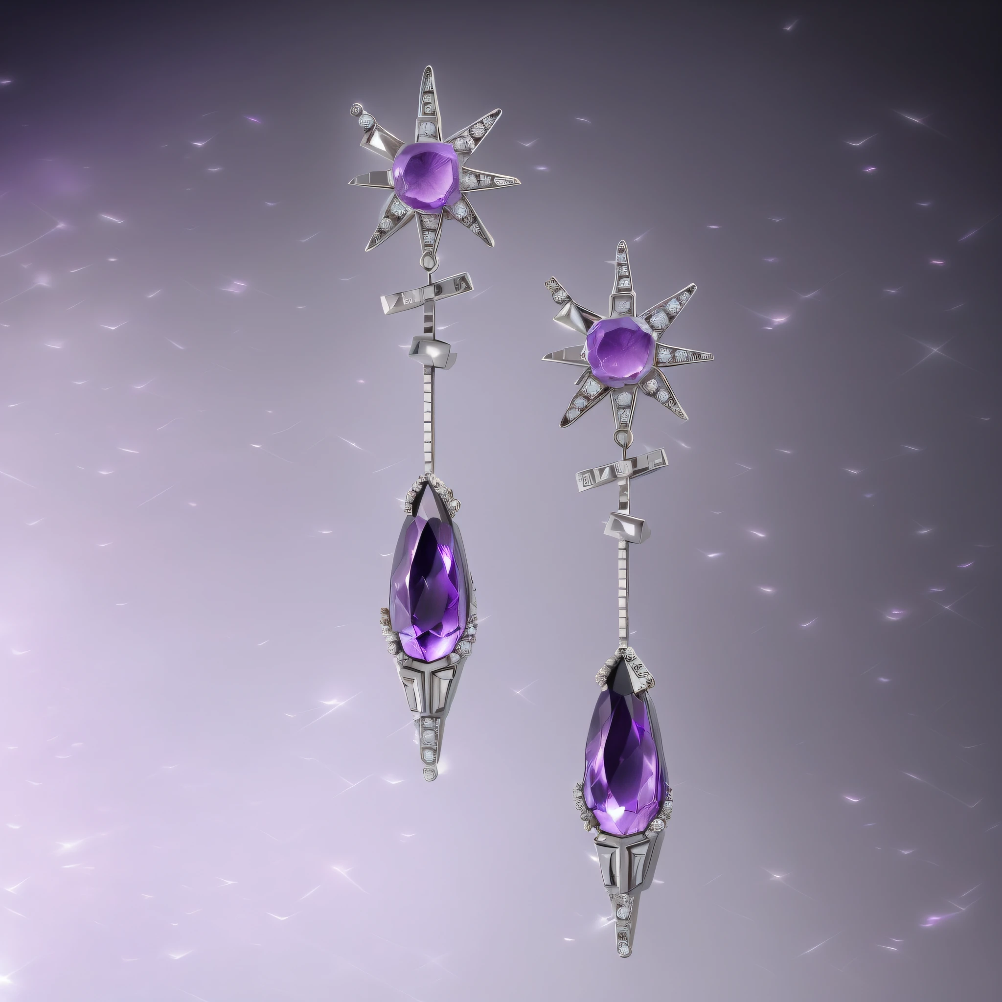 pair of earrings with a star and a purple stone on a gray background, earring design, 20k, jewelry design, sci - fi jewellery, diamond and rose quartz, earrings. highly detailed, chaumet, inspired by Adrienn Henczné Deák, inspired by József Borsos, silver and amethyst, with sparkling gems on top