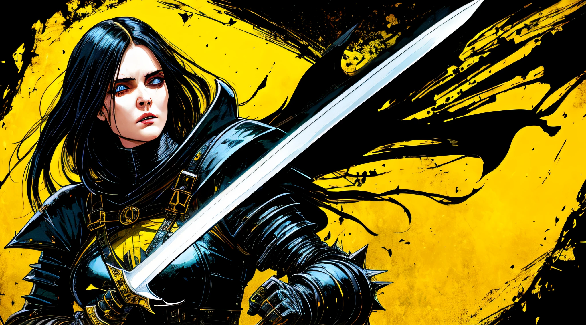 yellow and black, a medieval woman dark knight with a large sword, in the style of Mork Borg, strong contrast, grunge dirty punk splash art, black metal zine