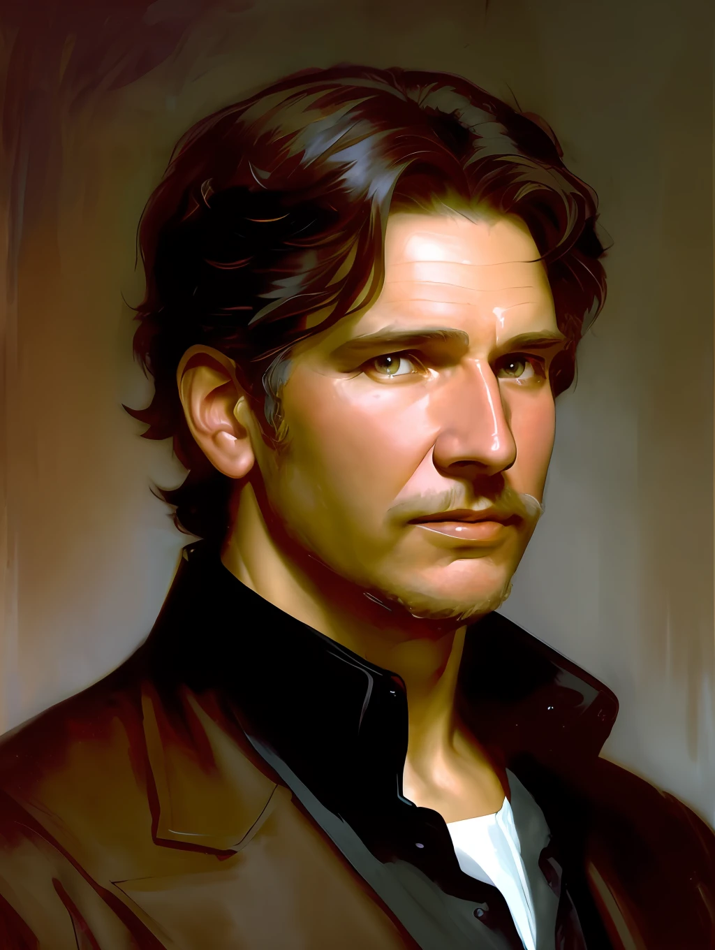 (Masterpiece) Harrison Ford as an insanely handsome middle-age man, red skin, black short messy hair, hazel eyes, perfect face, extremely handsome man, big Greek nose, nice lips, biblical, gospel, digital painting, watercolor painting oil, painterly, by Jeremy Lipking, by Antonio J. Manzanedo, Alphonse Mucha, Fuller Graves, Bartolome Esteban Murillo, JC Leyendecker, Craig Mullins, Peter Paul Rubens Detailed Painting, CGSetivity, ArtStation HD, High Detail, Photorealism, Concept Art, ArtStation HD, official art, trend in the artstation, 8k.