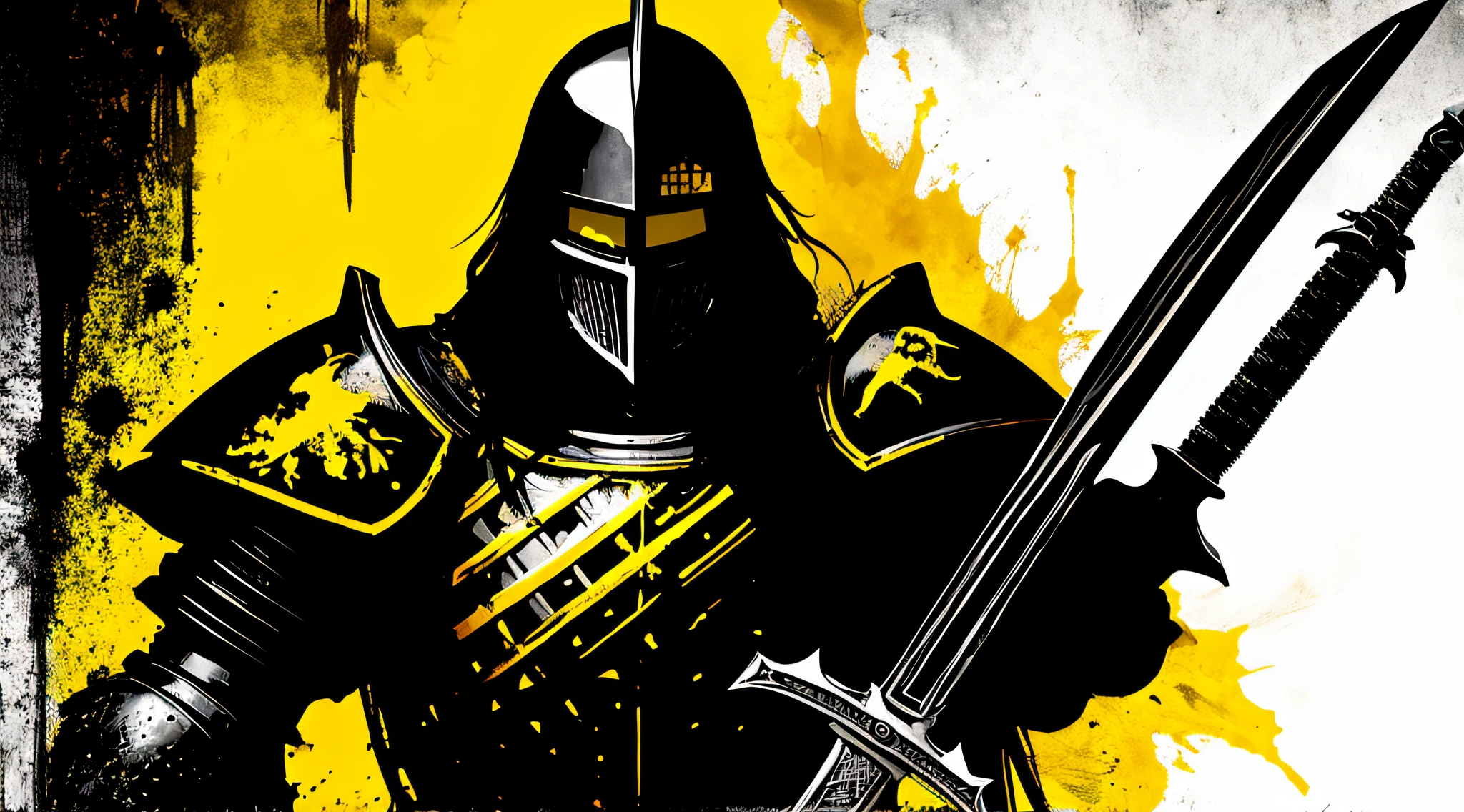 yellow and black, a medieval black knight with a large sword, in the style of Mork Borg, strong contrast, grunge dirty punk splash art, black metal zine