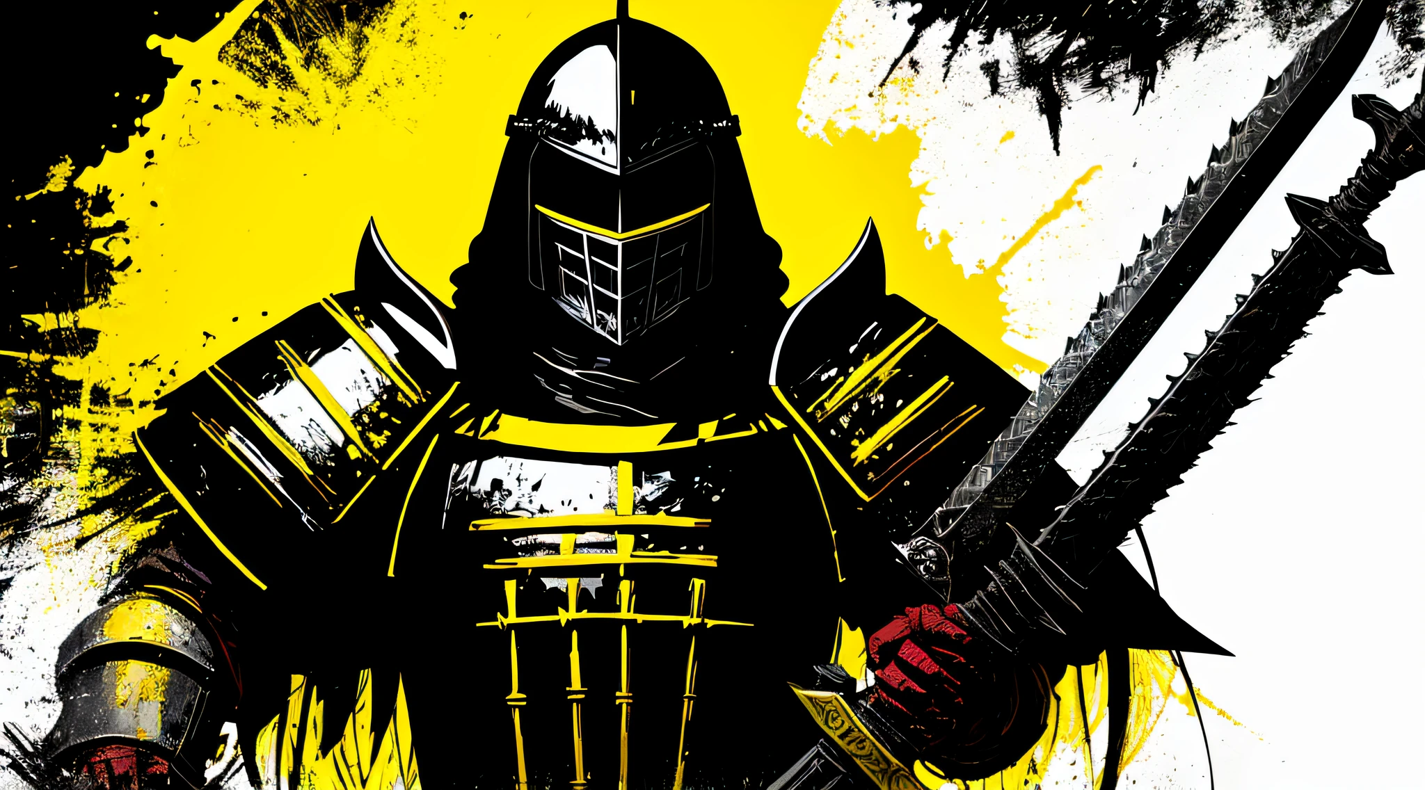 yellow and black, a medieval black knight with a large sword, in the style of Mork Borg, strong contrast, grunge dirty punk splash art, black metal zine