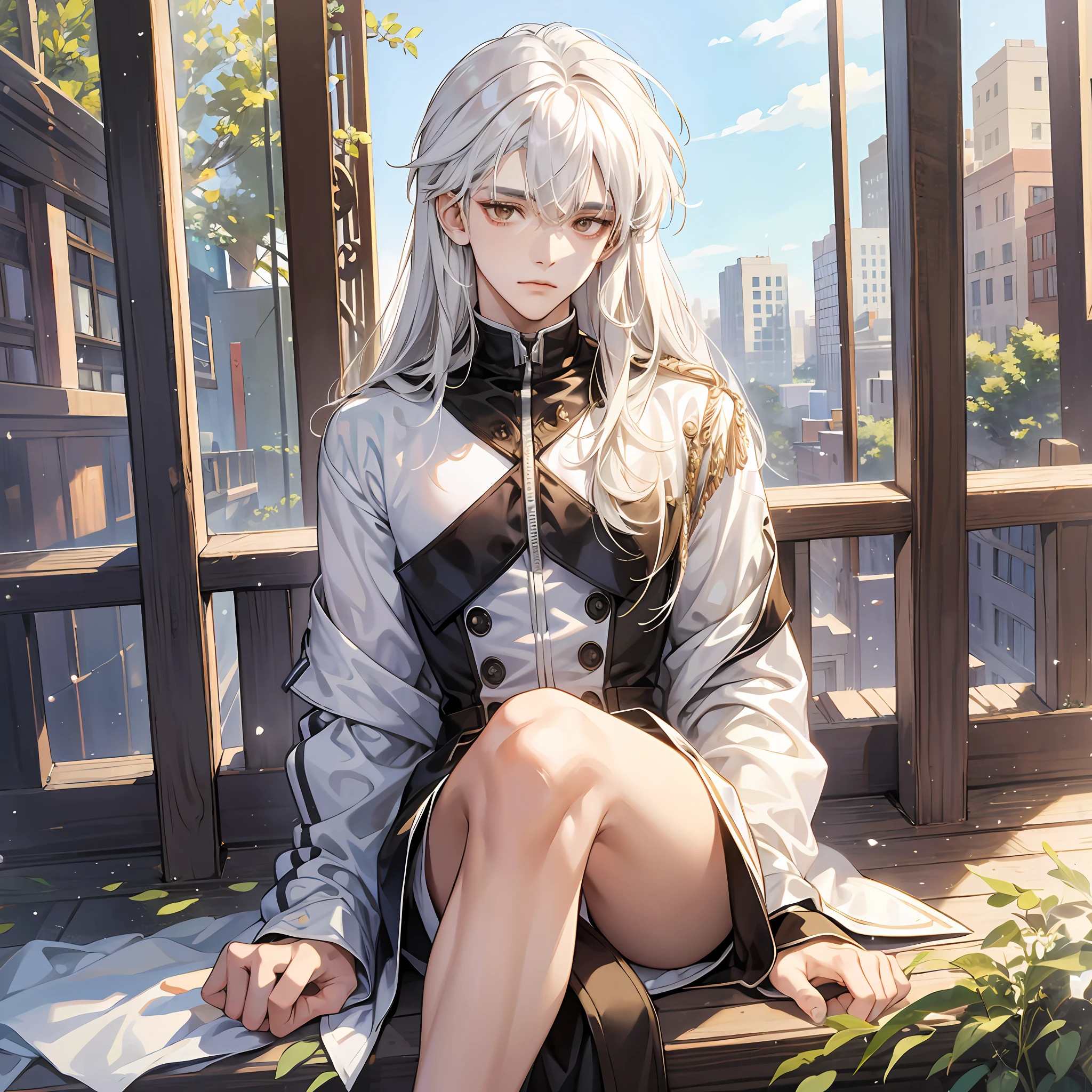 Long bangs, white hair, bright brown eyes, fluffy hair, languid face, one teenage male, height 190cm, muscles, sitting with crotch open --auto --s2