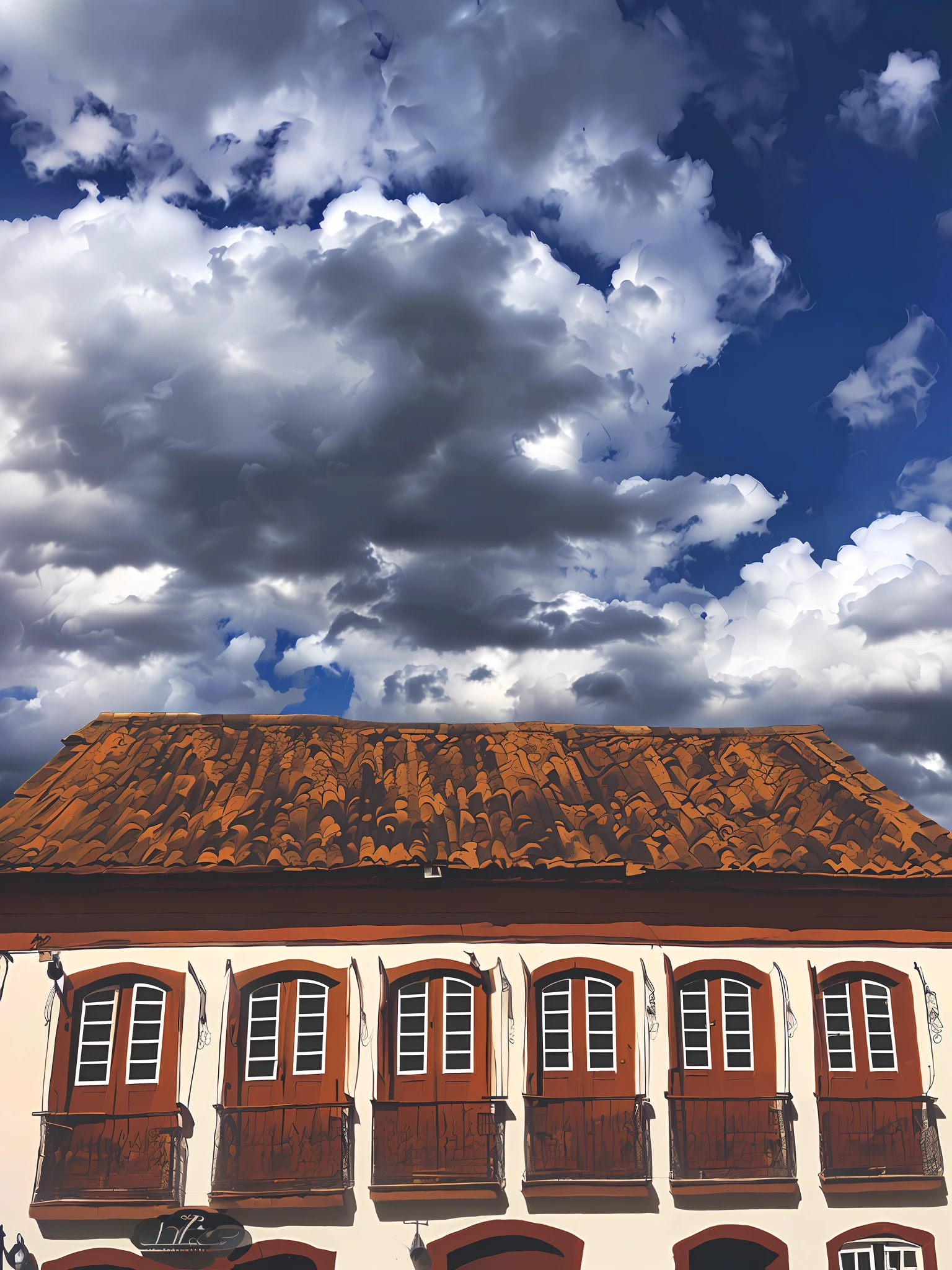 there is a clock on the top of a building with a sky background, with dramatic sky, clouds outside the windows, dramatic sky, with clouds in the sky, orange roof, dramatic skies, colonial house in background, perspective sky, roof background, roofs, beautiful sky and clouds, with dark clouds in the sky, peaked wooden roofs, old building, old house --auto --s2