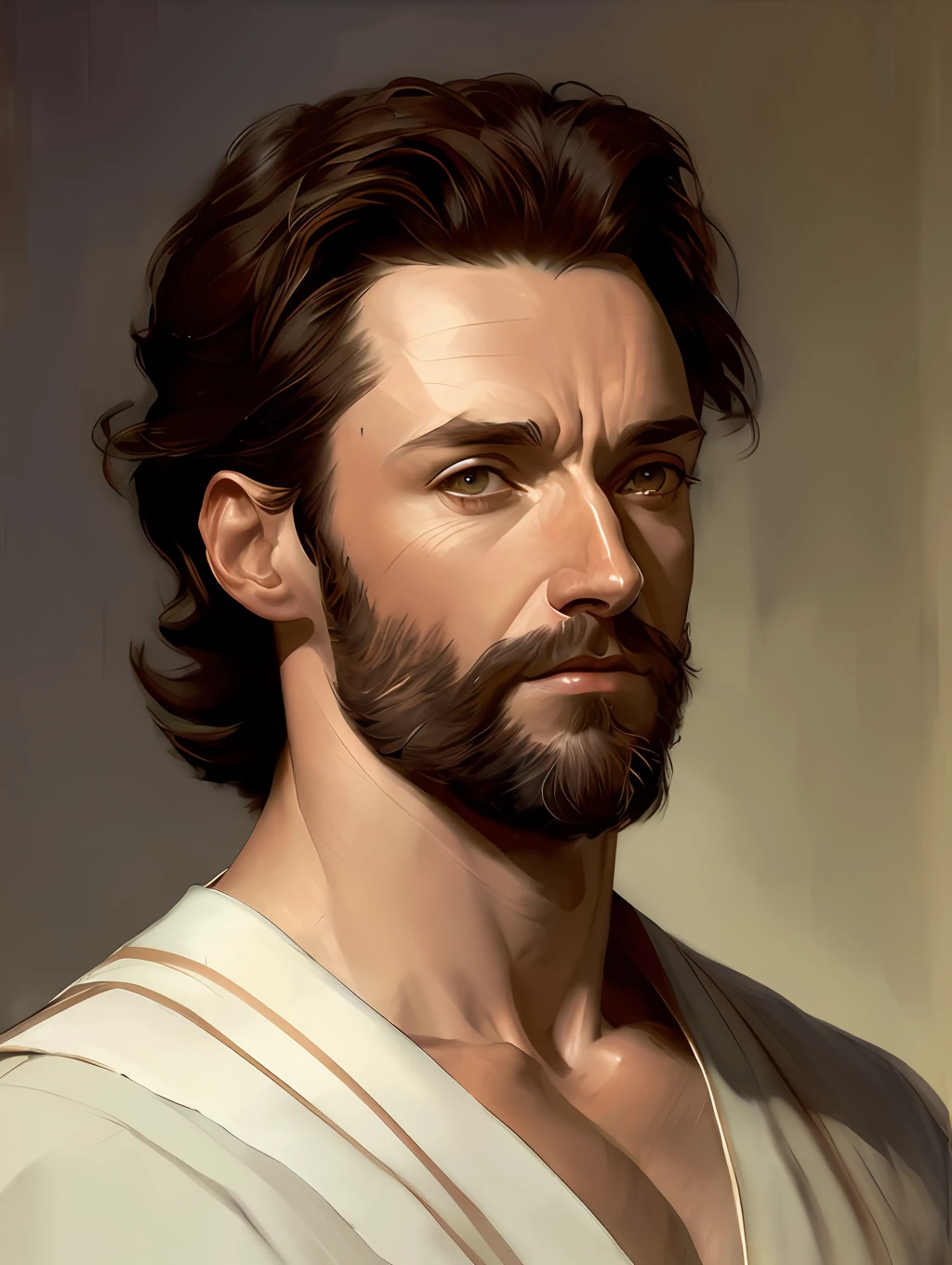 (Masterpiece) Hugh Jackman as an insanely handsome middle- man, red skin, black short messy hair, hazel eyes, perfect face, extremely handsome man, big Greek nose, nice lips, biblical, gospel, digital painting, watercolor painting oil, painterly, by Jeremy Lipking, by Antonio J. Manzanedo, Alphonse Mucha, Fuller Graves, Bartolome Esteban Murillo, JC Leyendecker, Craig Mullins, Peter Paul Rubens Detailed Painting, CGSetivity, ArtStation HD, High Detail, Photorealism, Concept Art, ArtStation HD, official art, trend in the artstation, 8k.