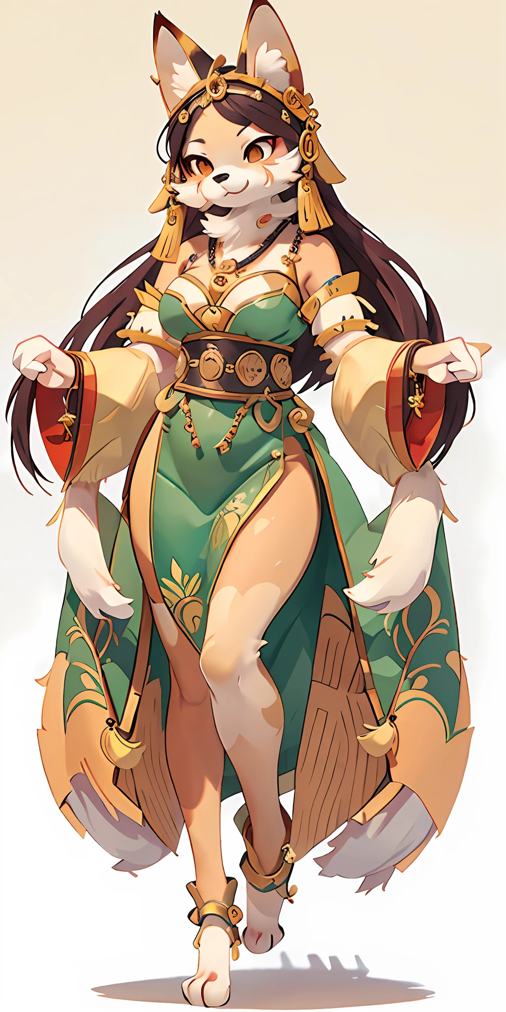 top quality, ancient Chinese beauty(highly detailed beautiful face and eyes)absurdres, perfect anatomy((beast woman, solo focus))(((furry)))(furry anthro:1.7)((((Furry body, fox facial features, fox body features))))((fox's muzzle, very detailed body fur))full body, chibi(dancing pose)gorgeous dress embroidered with intricate embroidery, bare shoulders, open neck, necklaces, bracelets, anklets, metal chain tassels around the waist,
