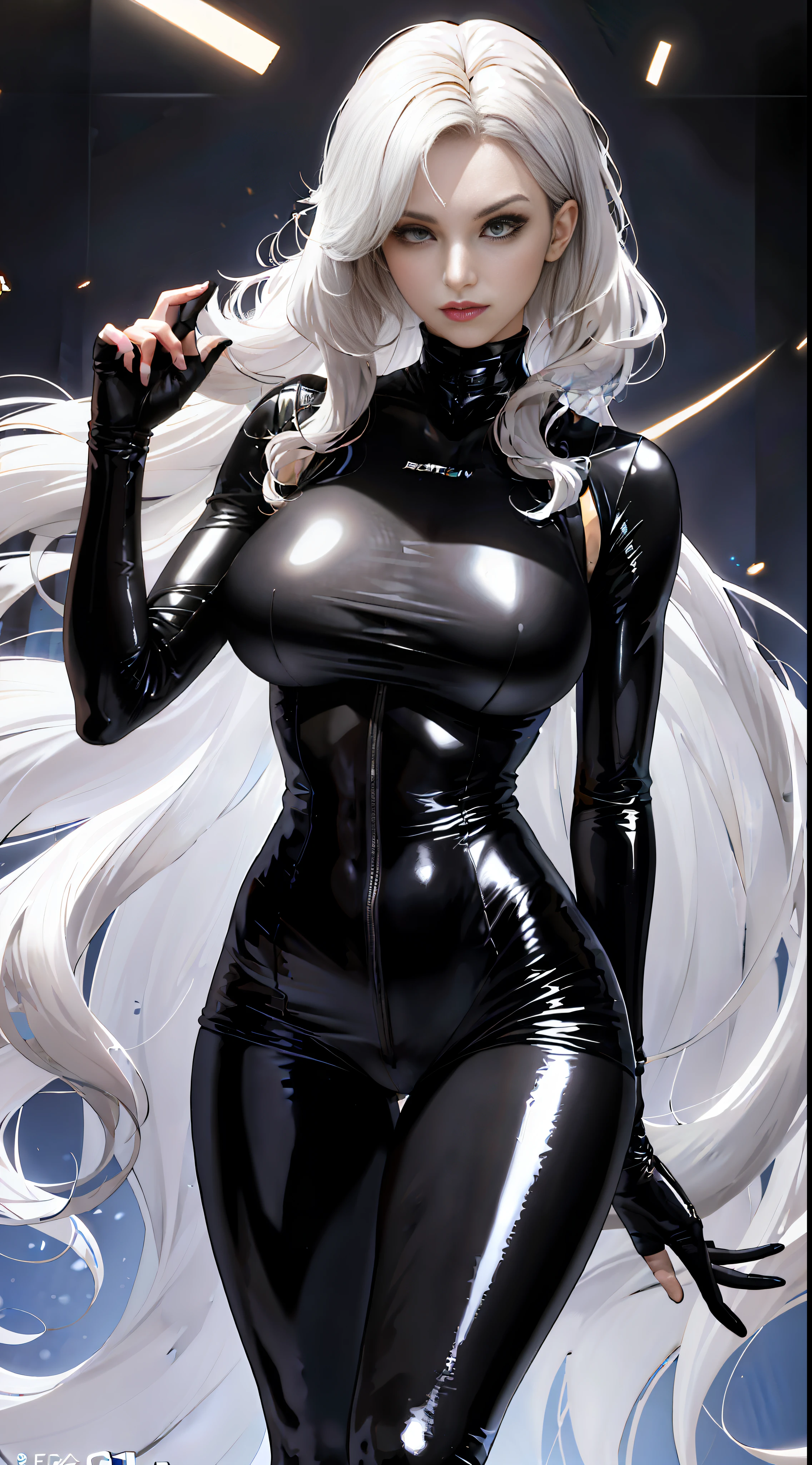 Female agent, black veil, 8K resolution, strong figure, straight chest, tall, long legs, thin and sheer tights, {{huge_breast}}, {{latex}}, {{glossy}}, {slim}, fair skin, {black_stockings}, highest detail, slightly curly hair, long bangs, white hair, back perspective