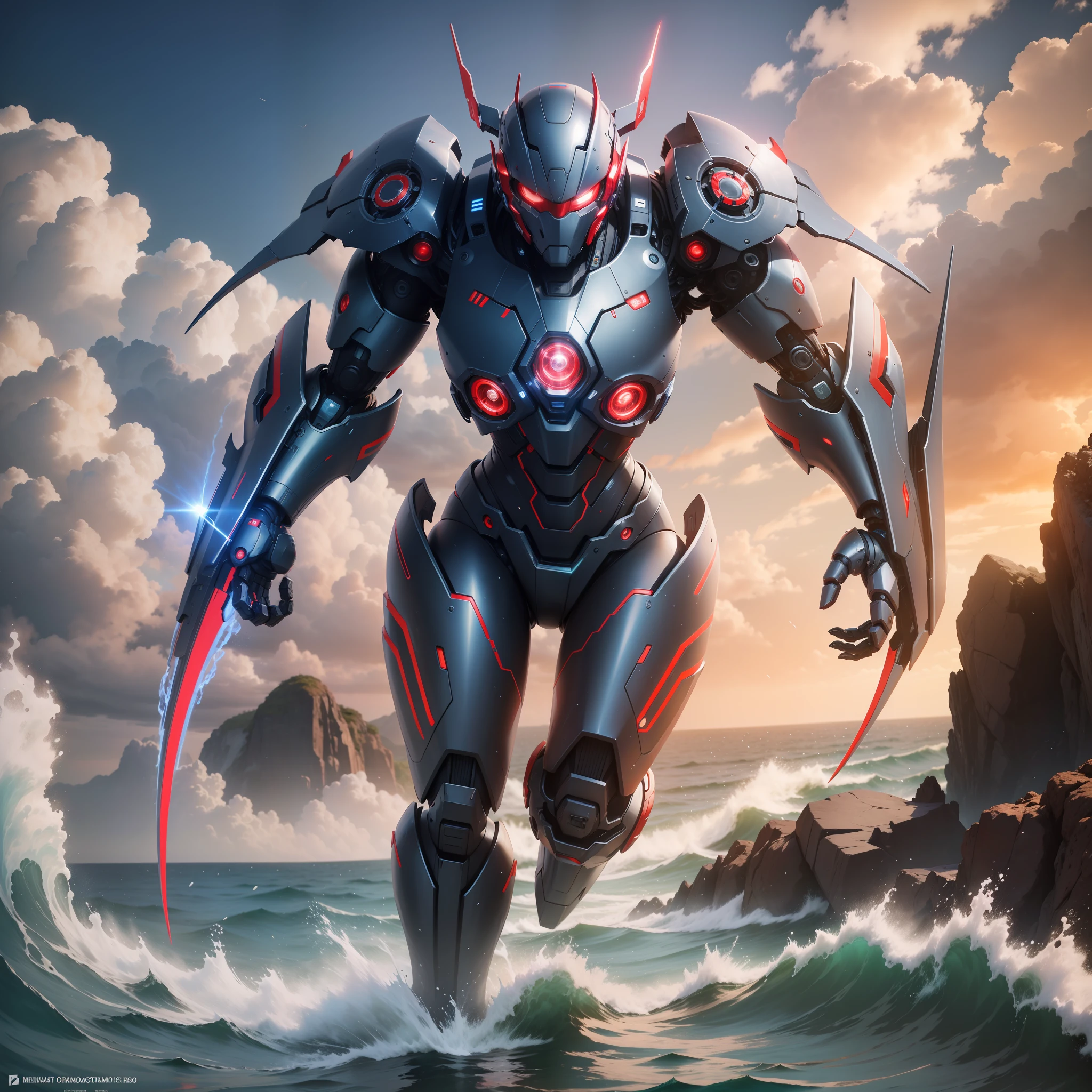 8k ultra realistic humanoid girgante mecha in metallic details of red and blue colors running in the sea of Rio de Janeiro