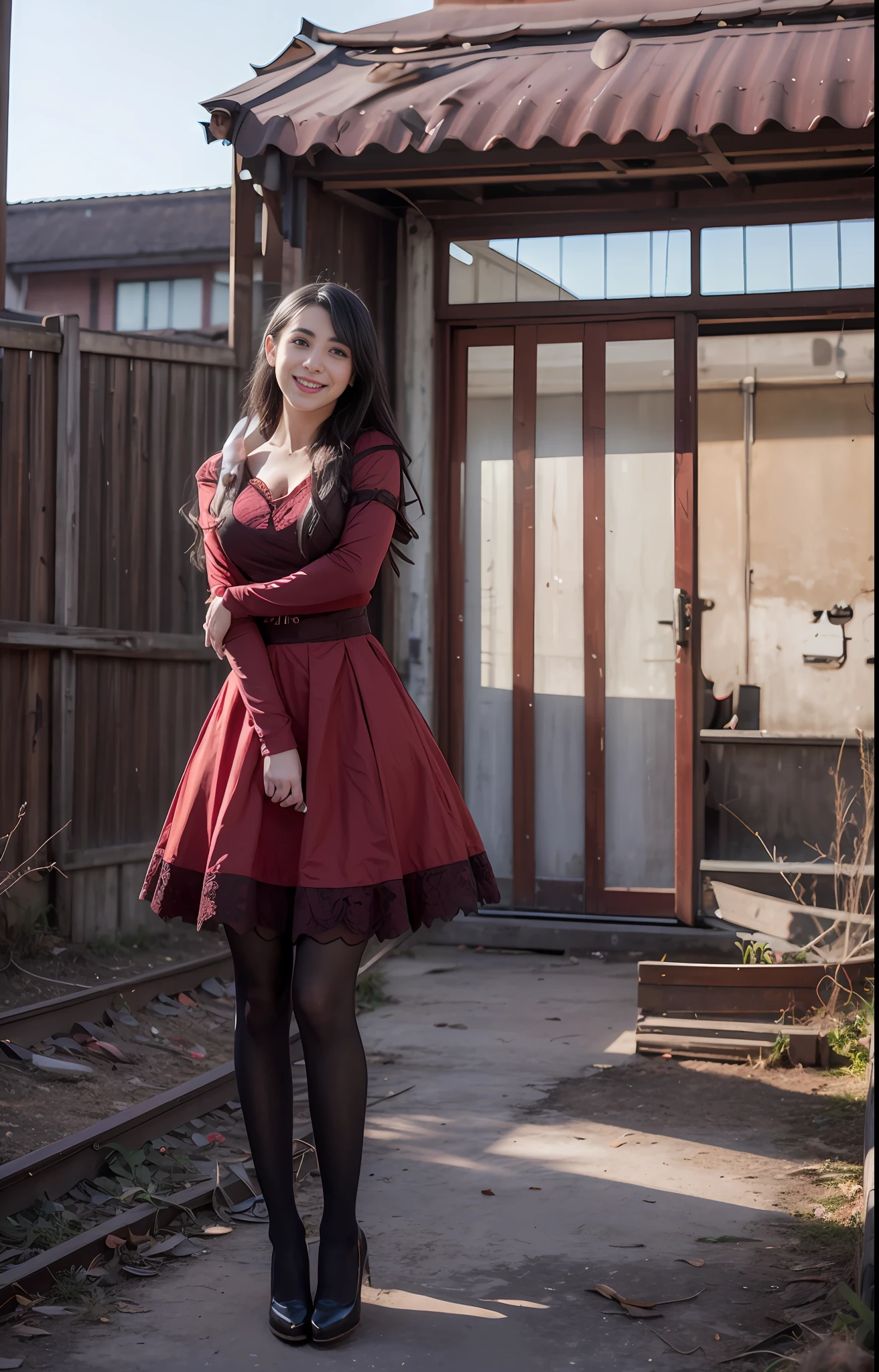 Short dress, lace stockings ta sensual red and day, abandoned city and next to or train in an environment of ((photo day)) Lauren Jauregui, smiling and happy in a