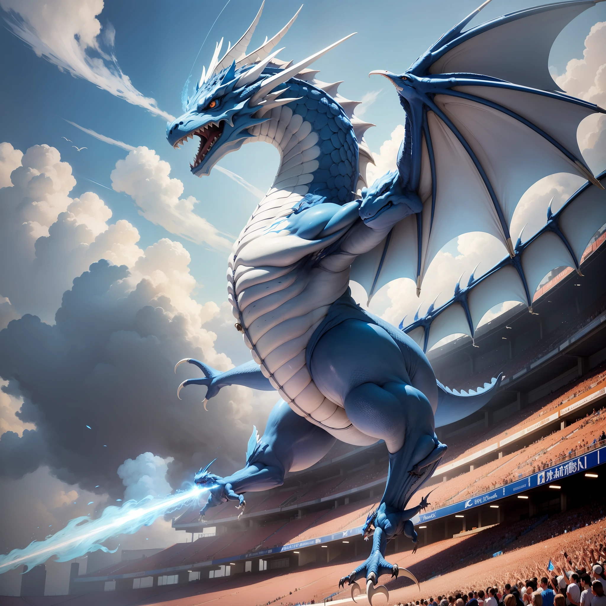 A blue and white dragon flies majestically over a crowded stadium, its wings outstretched and tail curved. The clear blue sky and fluffy clouds highlight the dragon. Enthusiastic fans in the stadium watch the magical moment as the dragon traverses the sky. The scene is exciting, exciting and full of energy.