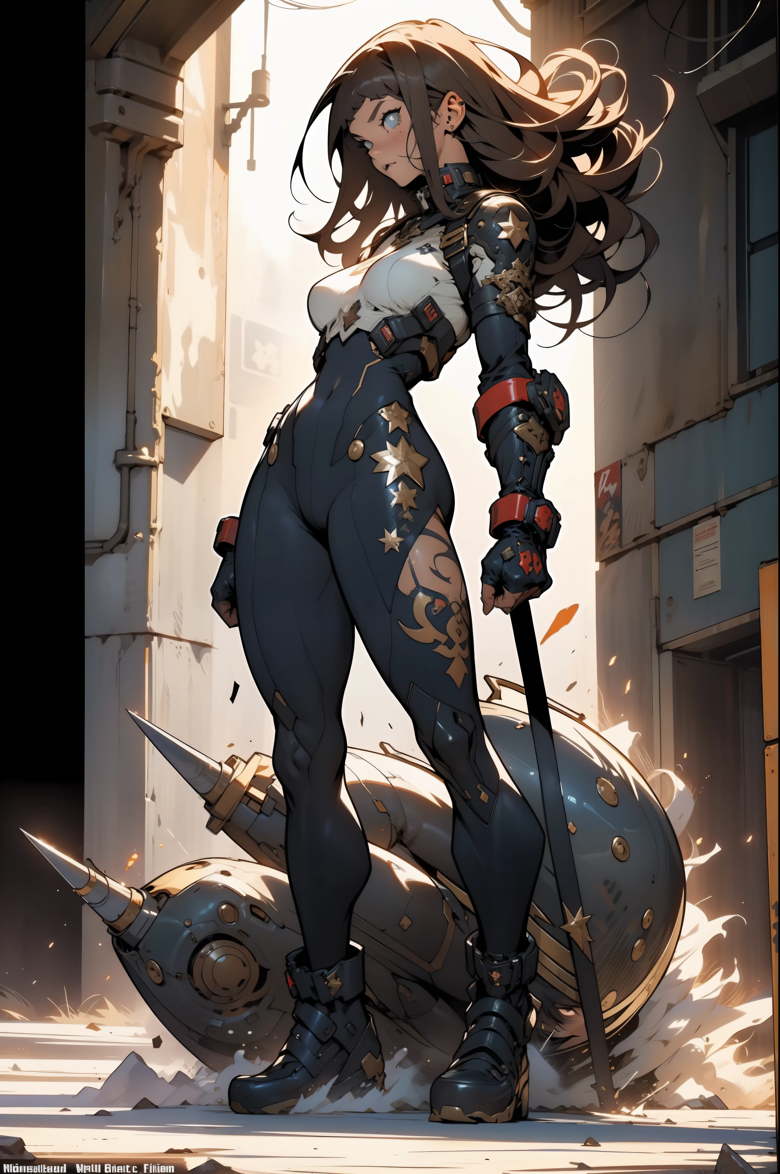 (((woman))), (((best quality))), (((masterpiece))), ((((adult))), (((full body)))), A 35-year-old full-body warrior perfectly bodyed, almost naked in Simon Bisley's urban savage style for the cover of Heavy Metal magazine, light brown hair with heavy bangs on her forehead, Minimum clothing, armor (dark blue with white stars), full of ink-stained tips and rivets,  5-pointed star tattoo, ((((full body)))