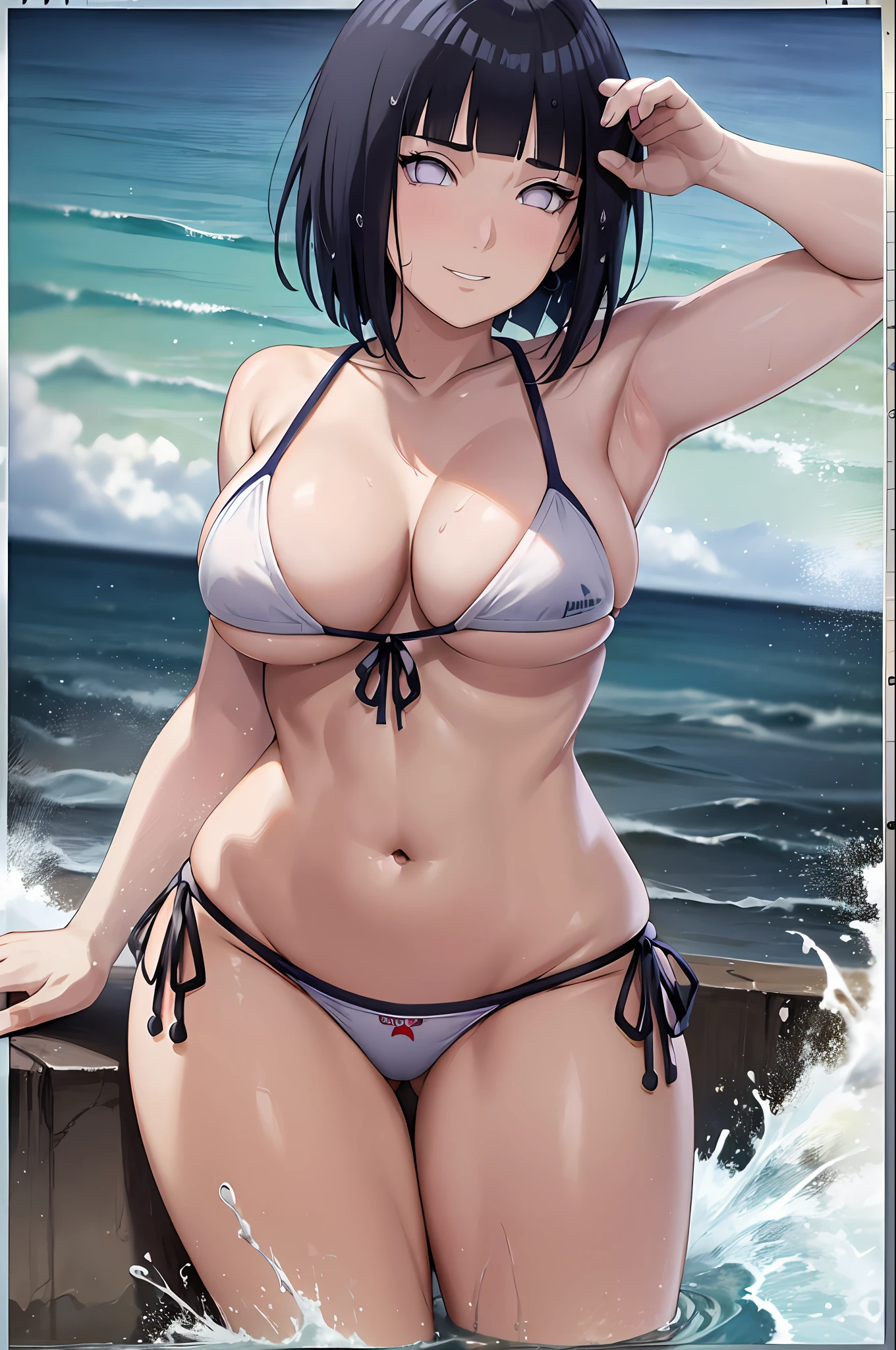 (masterpiece, 2k, anime style:1.9, beach, sea, soaked, soaked face, white micro bikini, no shirt, cute smile), hinata\(boruto\), mature female, standing, adjusting top, milf, (curvy:0.8), solo, short hair, hime cut, (dark blue hair color:1.1), white, big breasts, flat belly, perfect eyes, anime eyes, smoky eyeliner, eyeshadow, perfect face, shy, sharp focus, professional artwork, intricate details, colorful, vibrant colors, vivid colors, digital blending, ultra detailed body, ultra detail hair, ultra detail face, trending on pixiv, kind smile, happy, very hot colors, sunrays, leaning backward