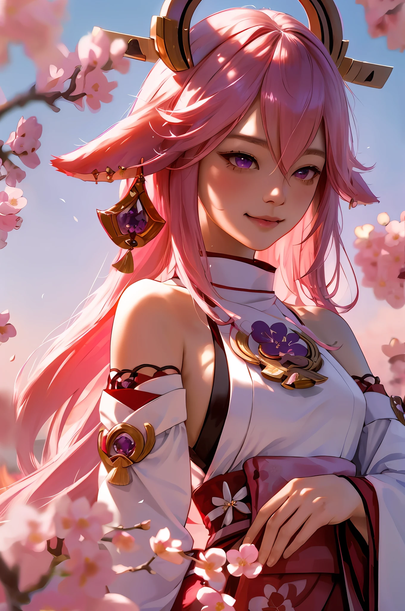 best quality, masterpiece, highres, 1girl,female,solo, mature female,yae miko, 1girl, \n/, animal ears, bare shoulders, blush, breasts, cherry blossoms, closed mouth, detached sleeves, earrings, flower, fox ears, gem, hair between eyes, hair ornament, japanese clothes, jewelry, kimono, long hair, medium breasts, miko, nontraditional miko, pink eyes, pink flower, pink hair, purple gemstone, short kimono, sidelocks, smile, solo, upper body, white kimono, ((masterpiece)), ((fullbody)) laying on top of cherry blossoms, lots of flowers, half submerged in pink flowers, sunset light from background, pink water, blurred foreground