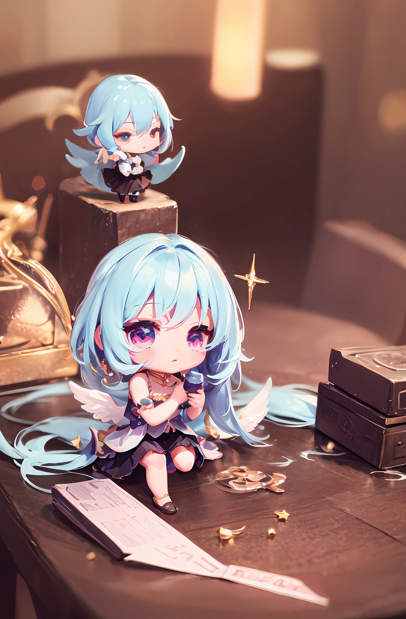 One angel doll on the table, 8K high quality detail art, 1 anime angel, style as Nendoroid, stylized anime, anime style 4K, cute detailed digital art, Guweiz style artwork, 8K octar rendering photos, advanced digital chibi art, cute 3D rendering, anime style. 8k