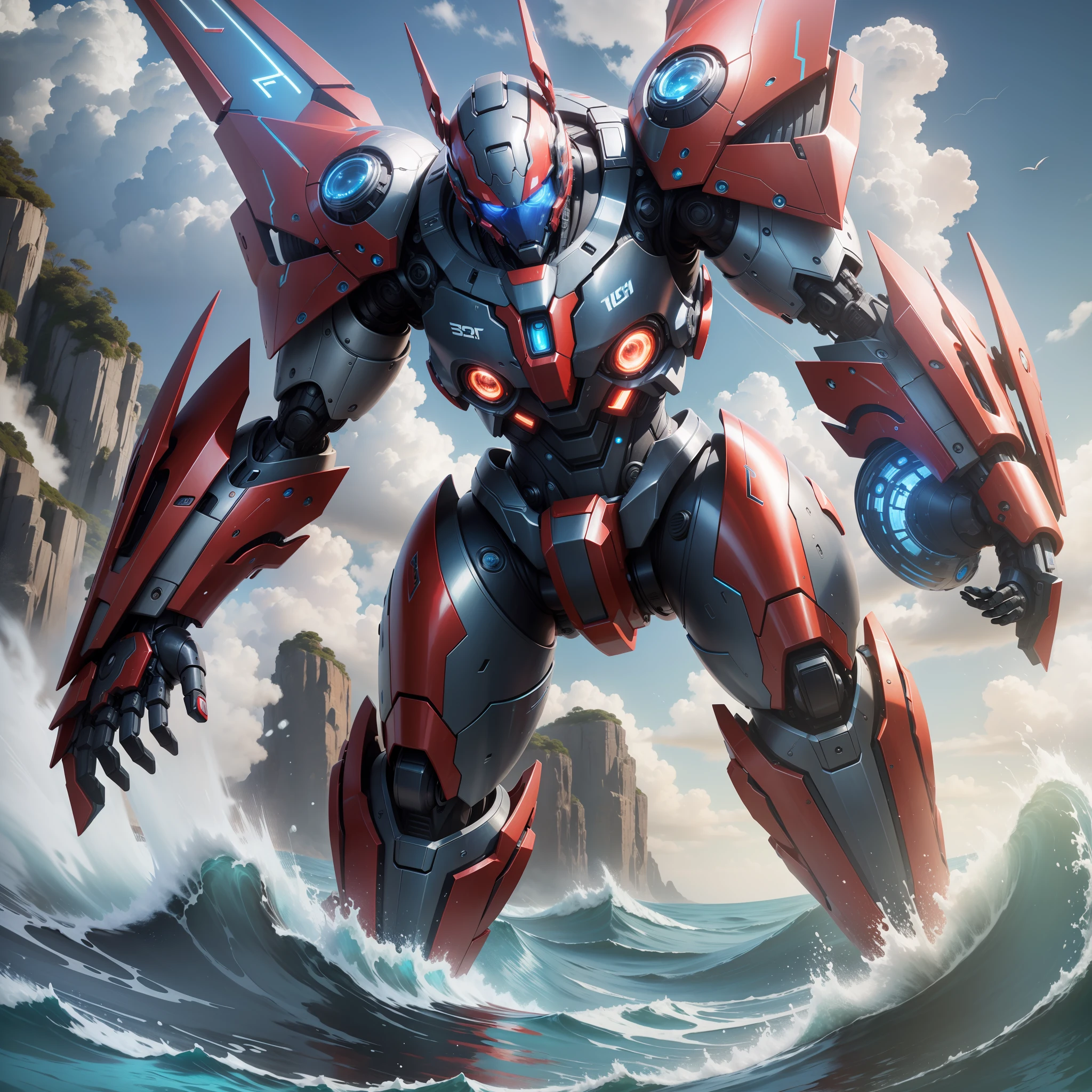 8k ultra realistic humanoid girgante mecha in metallic details of red and blue colors running in the sea of Rio de Janeiro
