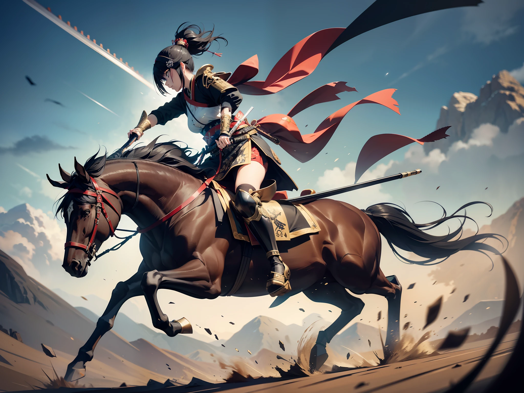 (Detailed art of a beautiful one-eyed samurai woman riding a horse on the battlefield), Masterpiece, (She is shooting enemies with a gun), (detailed arquebus), Samurai Armor, (Eye patch), scars on face, fighting on the battlefield, Full body art, symmetry, sharp eyes, oil painting, concept art, volume lighting, tanbil tamim, 2d rendering, 8K.