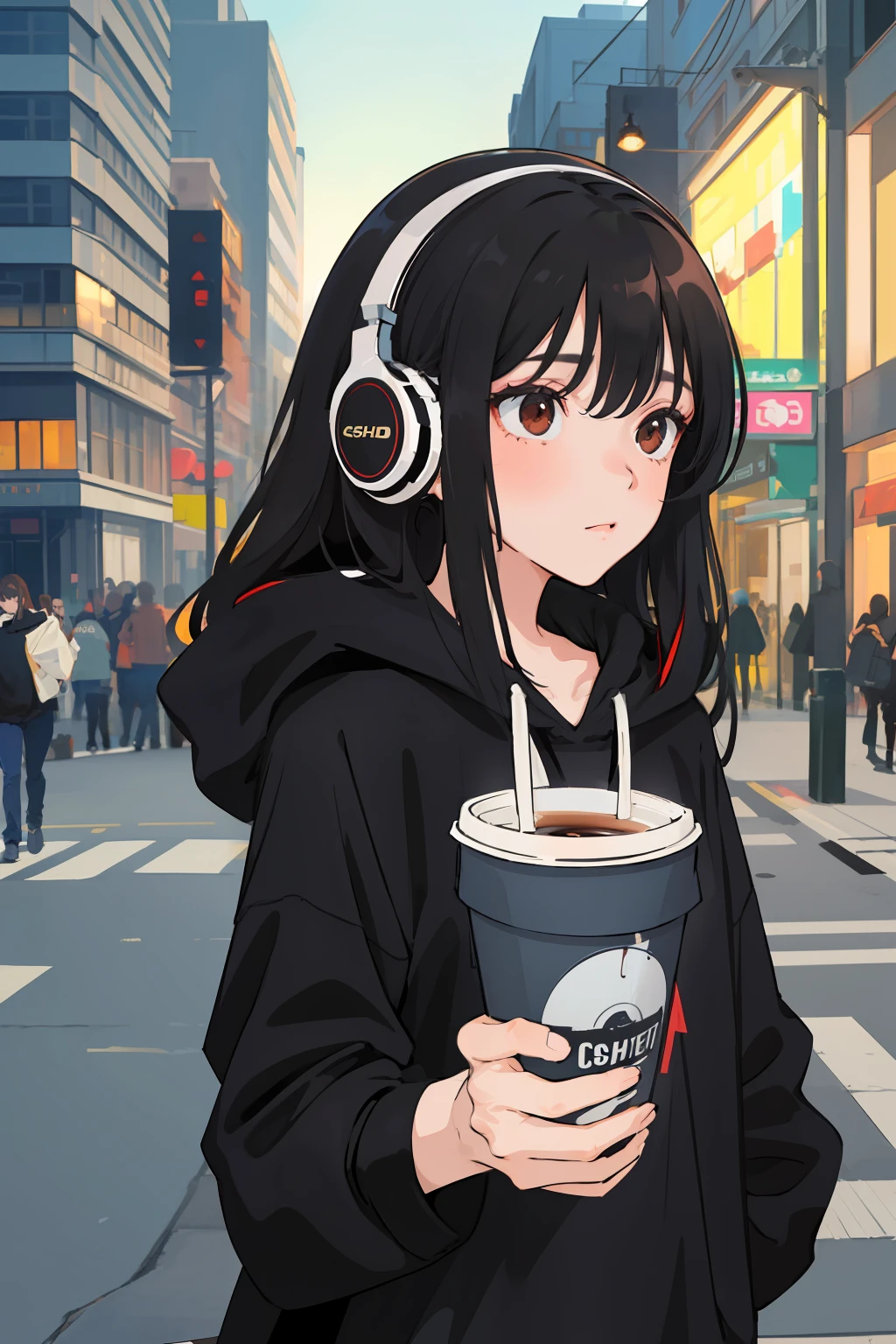 A beautiful girl, wearing oversize black hoodie, wearing headphone, holding a cup of coffee, standing in the middle of the street, night, (masterpiece), (best quality), (ultra detailed),(disheveled hair),(illustration), (1girl),best lighting
