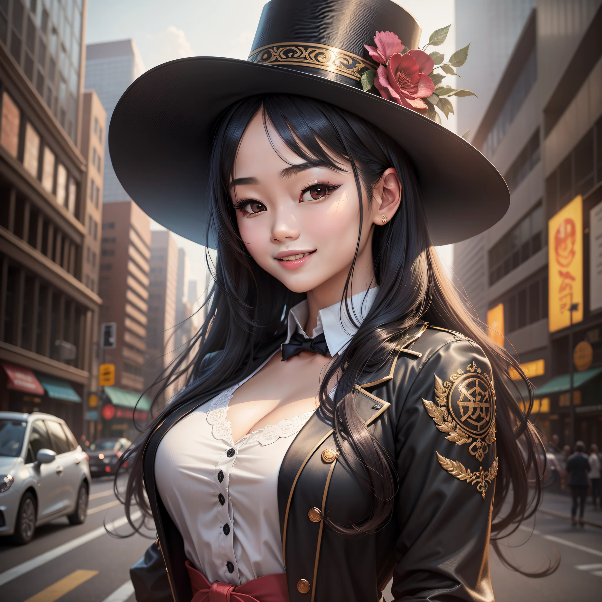 In the city, A beautiful asian girl, Student Clothing, Long silky black hair, mini top hat, smile, Realism, chiaroscuro, UHD, ccurate, high details, high quality, anatomically correct, masterpiece