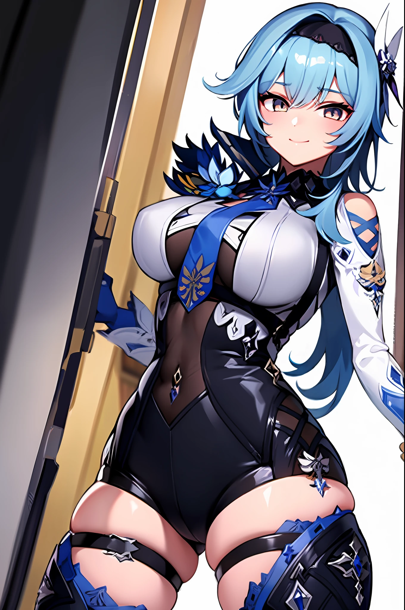 1girl,solo,looking at viewer, (simple background, white background), eula (genshin impact), blue medium hair, detailed ornament, big breasts, smile, detailed, ambar eyes, thighs