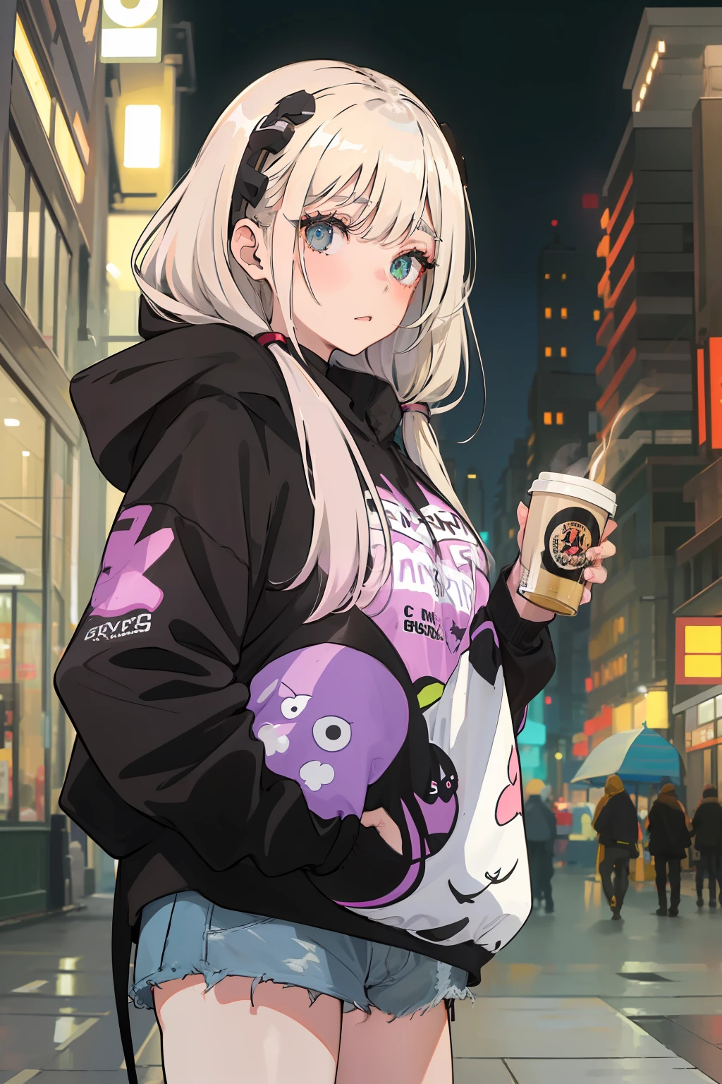 A beautiful girl, wearing oversize black hoodie, wearing headphone, holding a cup of coffee, standing in the middle of the street, night, (masterpiece), (best quality), (ultra detailed),(disheveled hair),(illustration), (1girl),best lighting