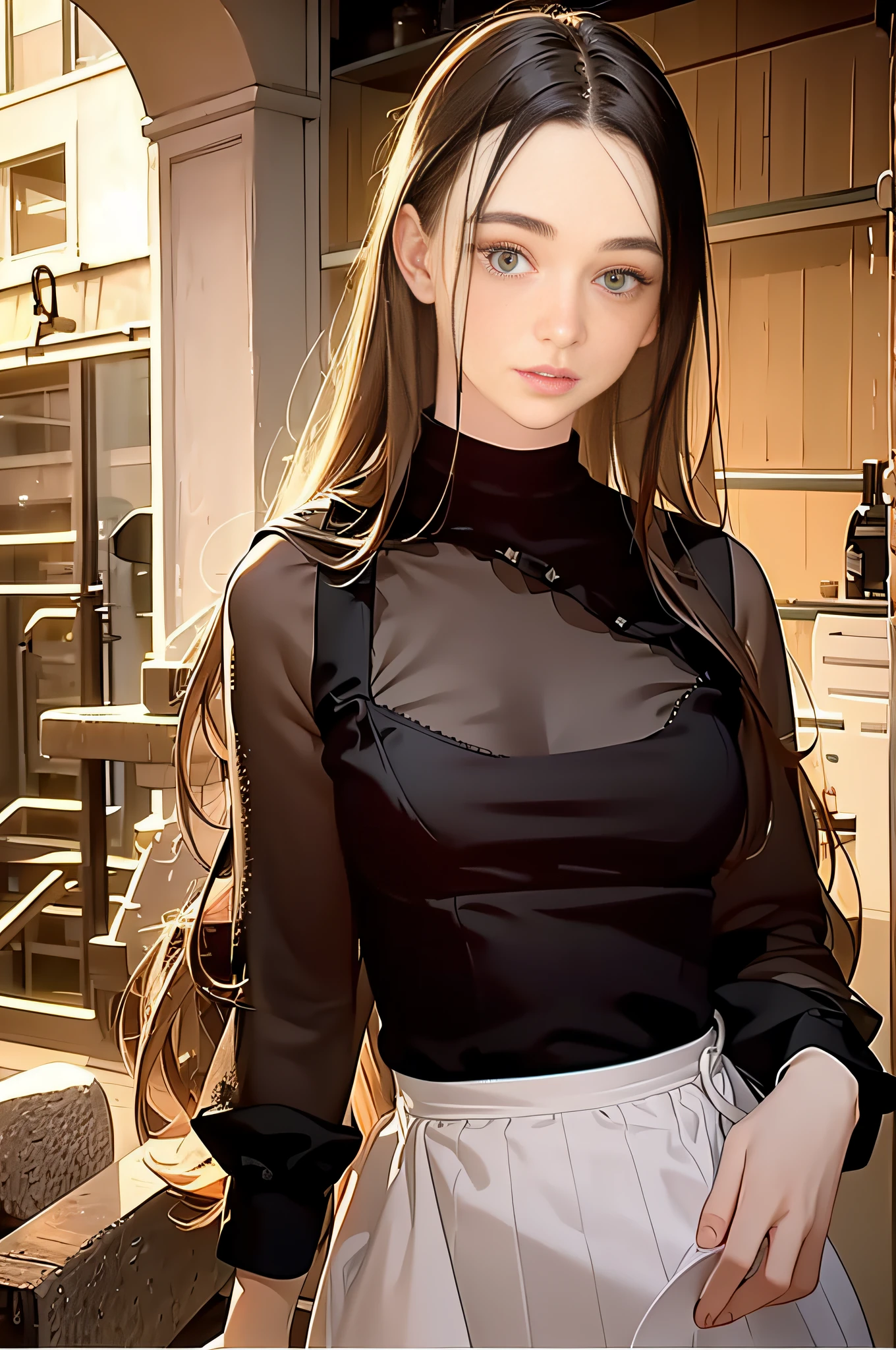1 Full shot,girl, dasha, portrait photography, beautiful young woman with transparent western tunic dress,long_hair, realistic, eyes visible through hair, proper eye position, natural skin, backlight, cinematic light, rim light, soft light , hips, in night time, city side background, detailed color graded background, intricate , highly detail, octane render,HDR, HD, 8k, by Annie Leibovitz