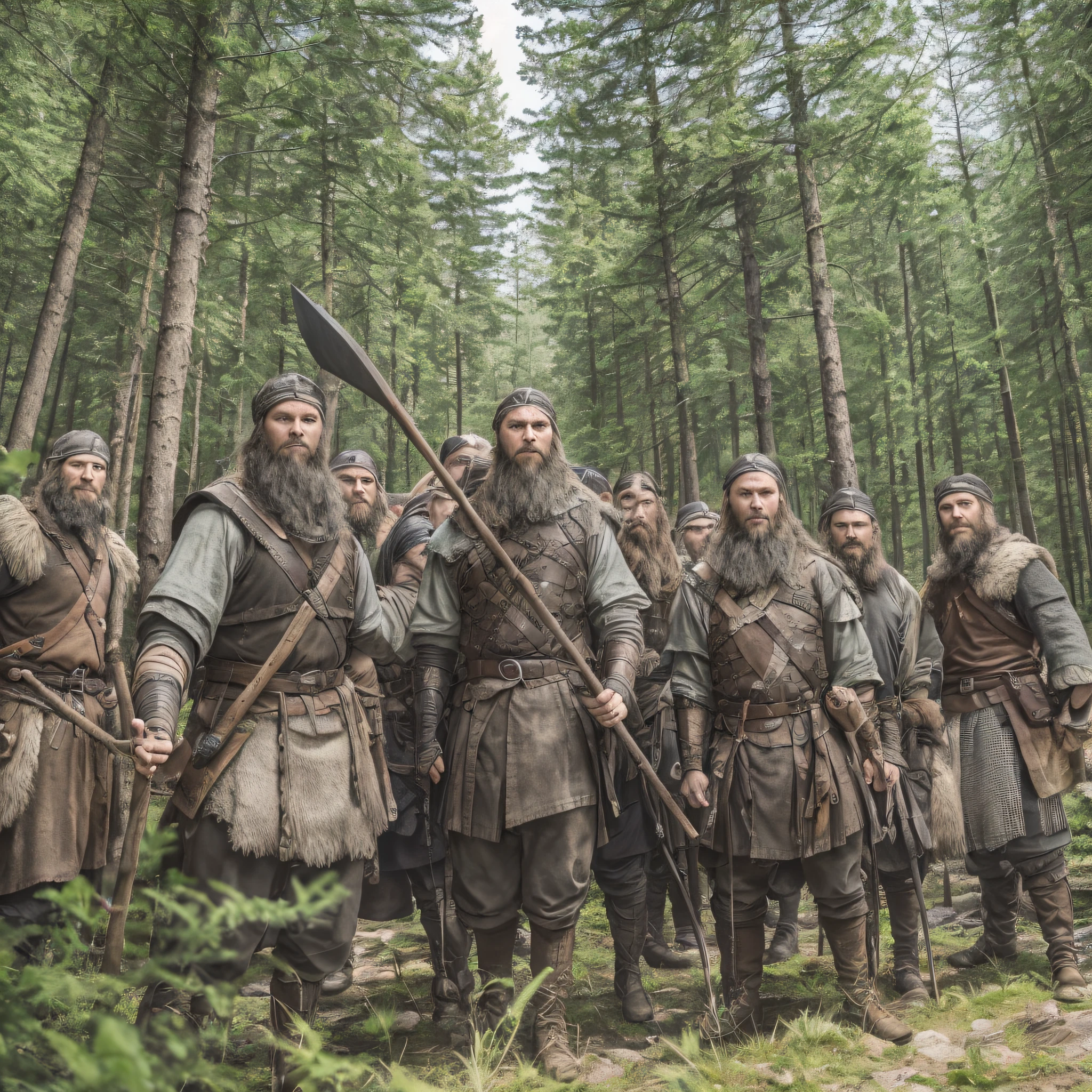 Ragnar Lothbrook taking a selfie in a forest gathered with other Vikings, with axes raised, ultra realistic, 8K, cinematic --auto --s2