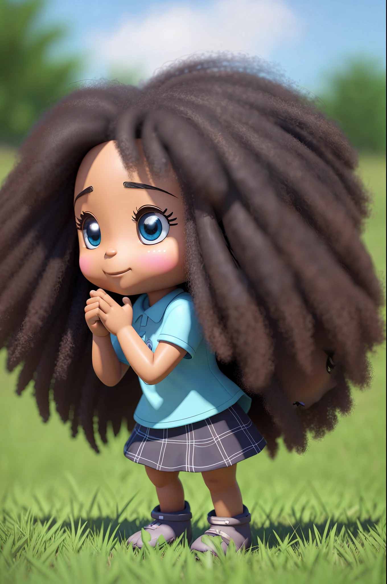 Sticher 3D chibi cartoon character praying in a field, black girl, ((eyes half-closed)), eyes closed, movie art, clean shot, com um pequeno bolo ghailan!, like a pixar character, beautiful young woman, long afro hair, grace and blessing, rendered unreal, movie promo image, rendered upscale image - --auto --s2