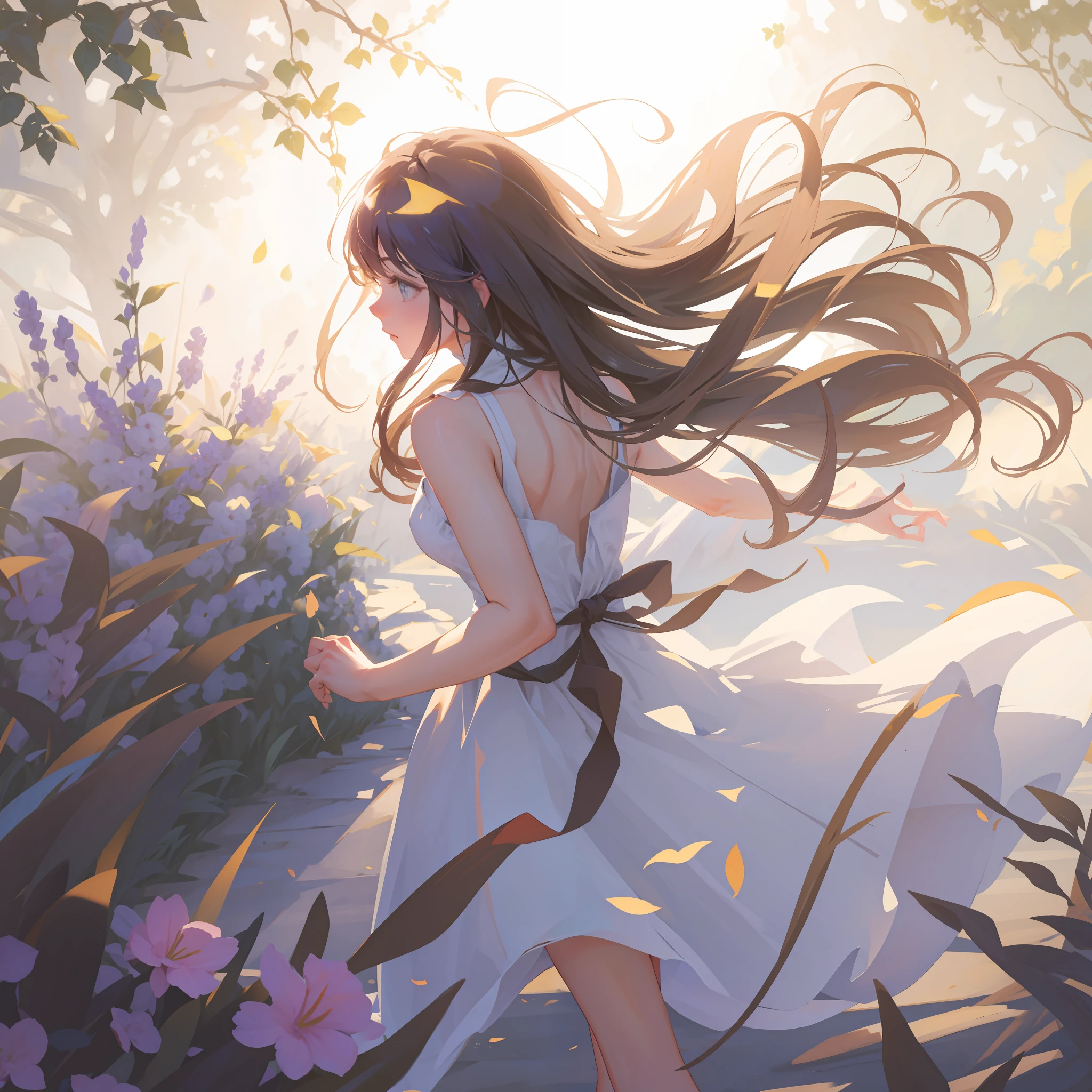Top quality, running while looking back, fine hair, dramatic shadows, fine five fingers, dress with open back, fairly 1.4