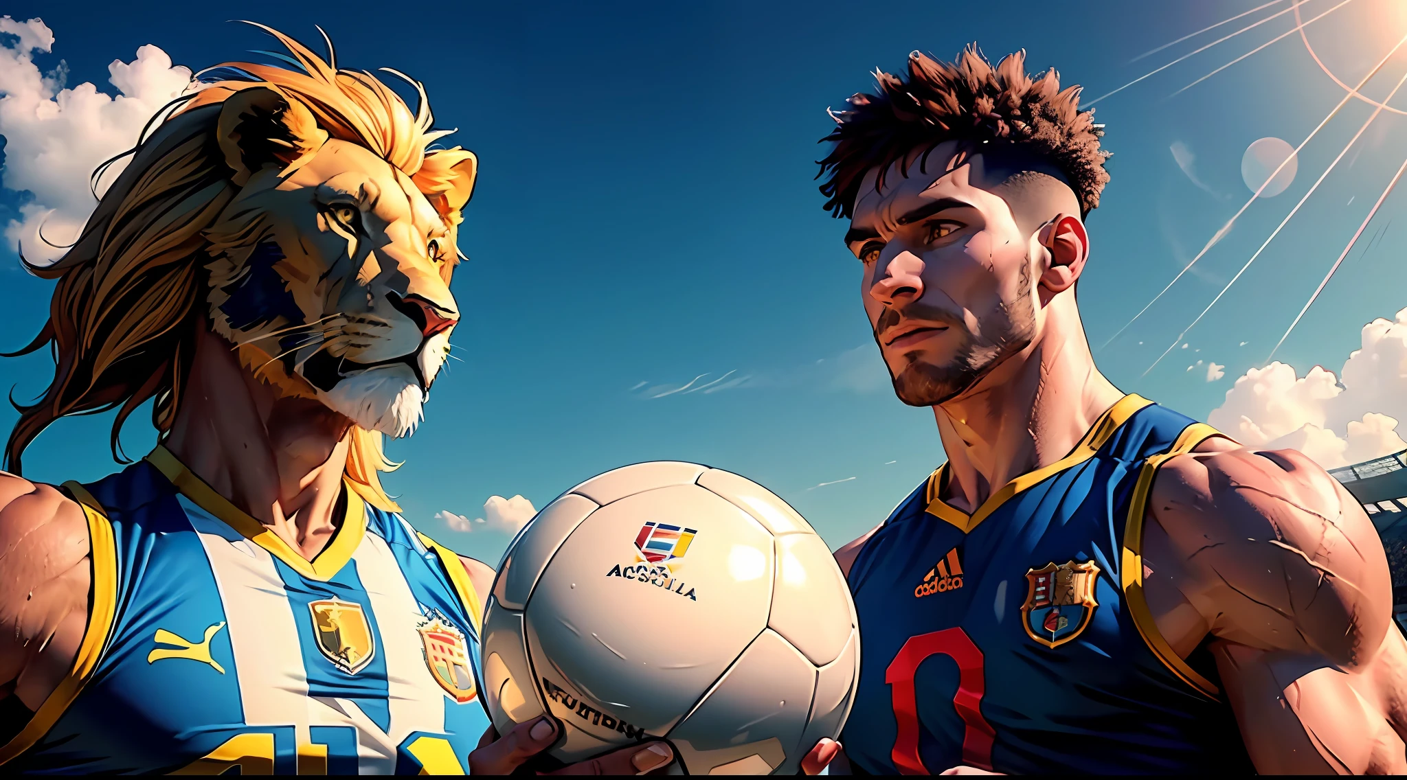 HD football scene, perfect background, 2 character busts, one figure is the body of a lion-headed man, holding a football, the other is Lionel Messi holding the Hercules Cup, dynamic muscle lines, delicate facial features, wearing the same Argentina national team jersey, natural light, high resolution, using PM sports and football aesthetic symbols, reflecting the perfect combination of sports aesthetics and art.